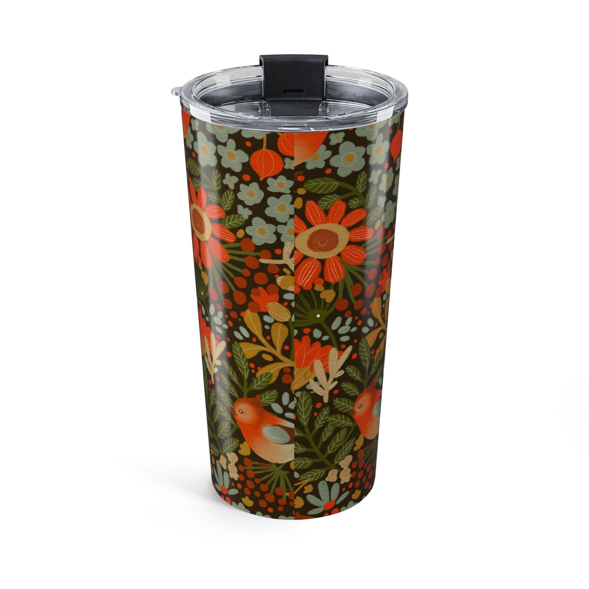 Retro Floral Bird Tumbler 20oz | Orange Green Cottagecore Travel Cup