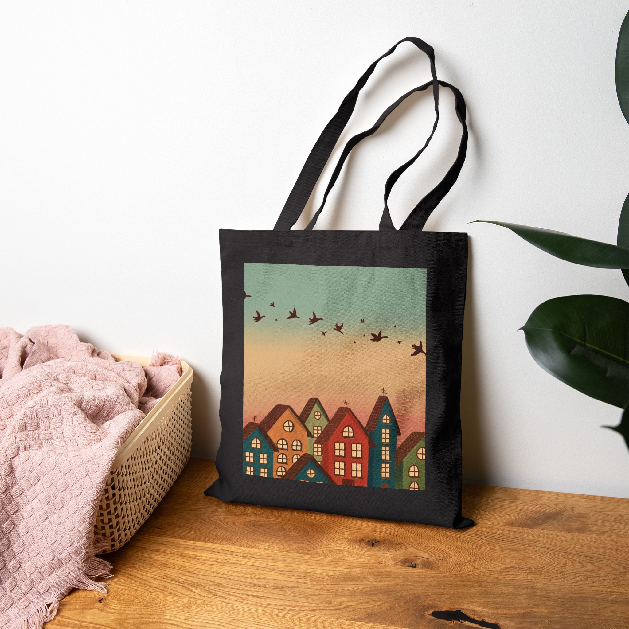 Vintage Sunset Village Tote Bag — Cozy House Illustration Canvas Tote