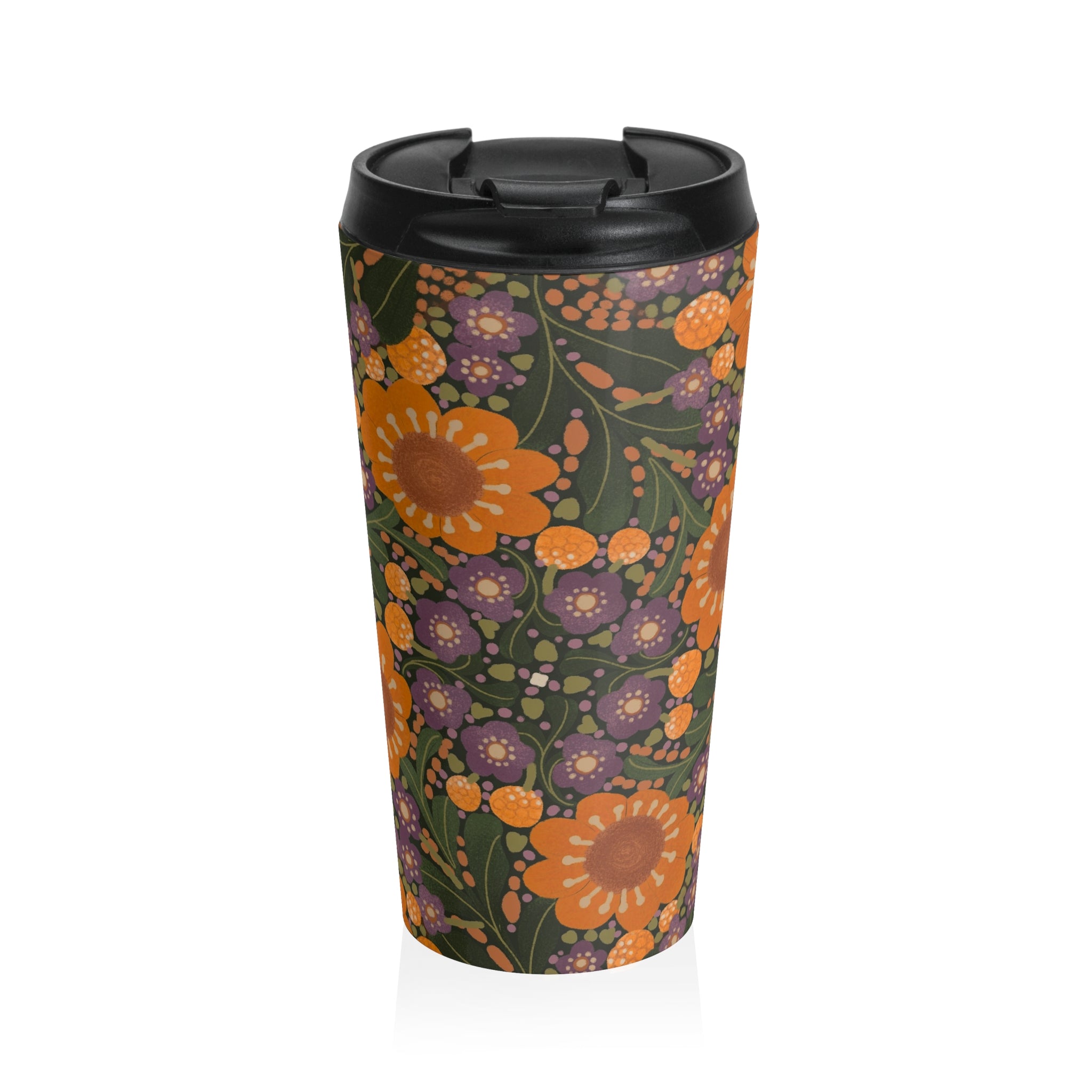Retro Orange Floral Stainless Steel Travel Mug | Vintage Flower Pattern