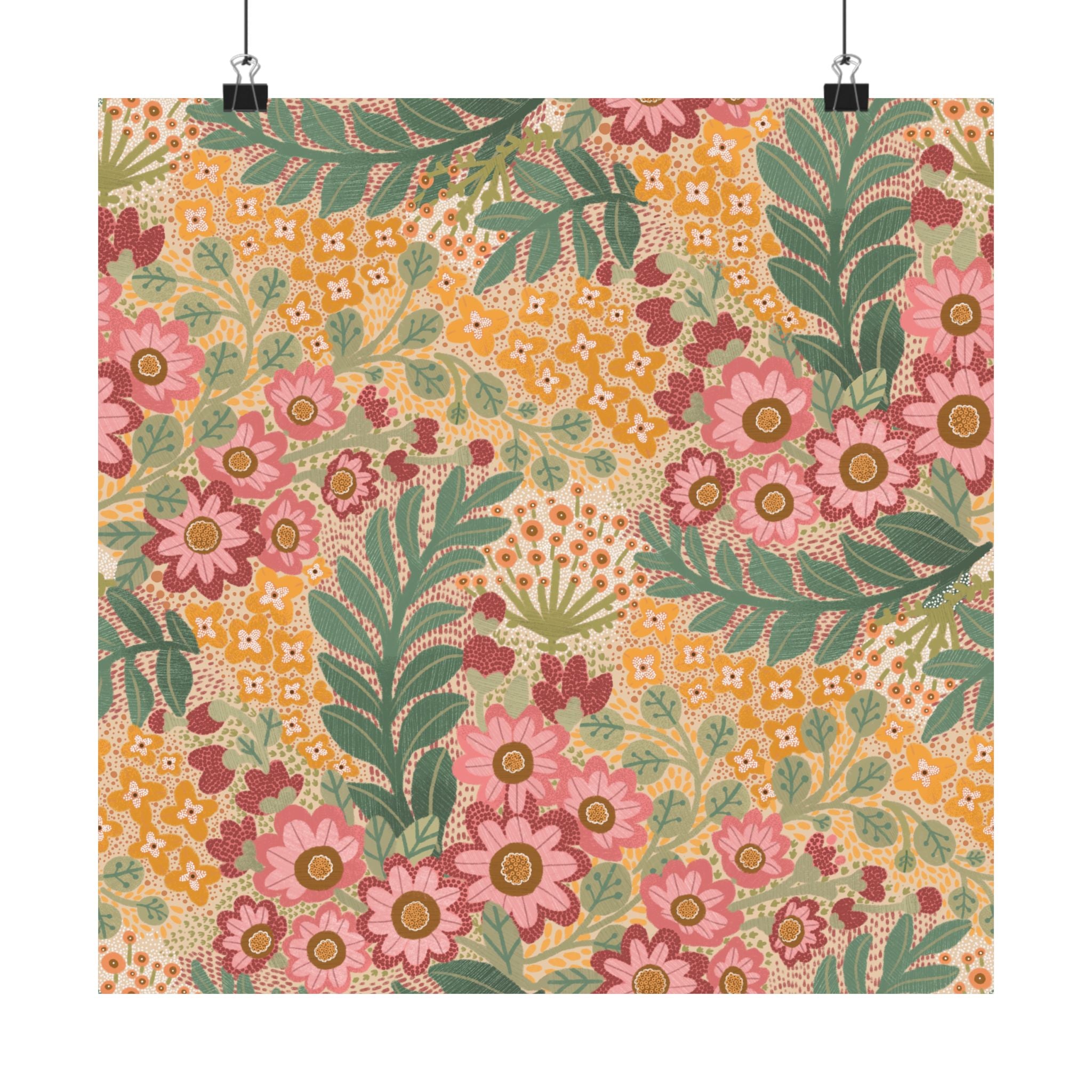 Floral Vintage Satin Poster — Pink & Mustard Botanical Wall Art (210gsm)