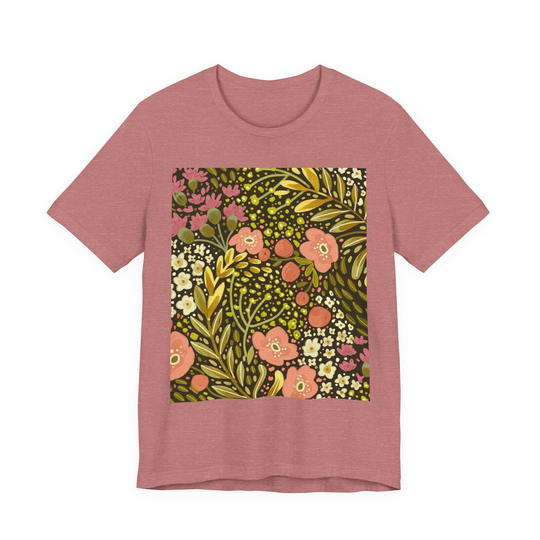 Floral Meadow Tee — Retro Pink & Olive Botanical Graphic T-Shirt