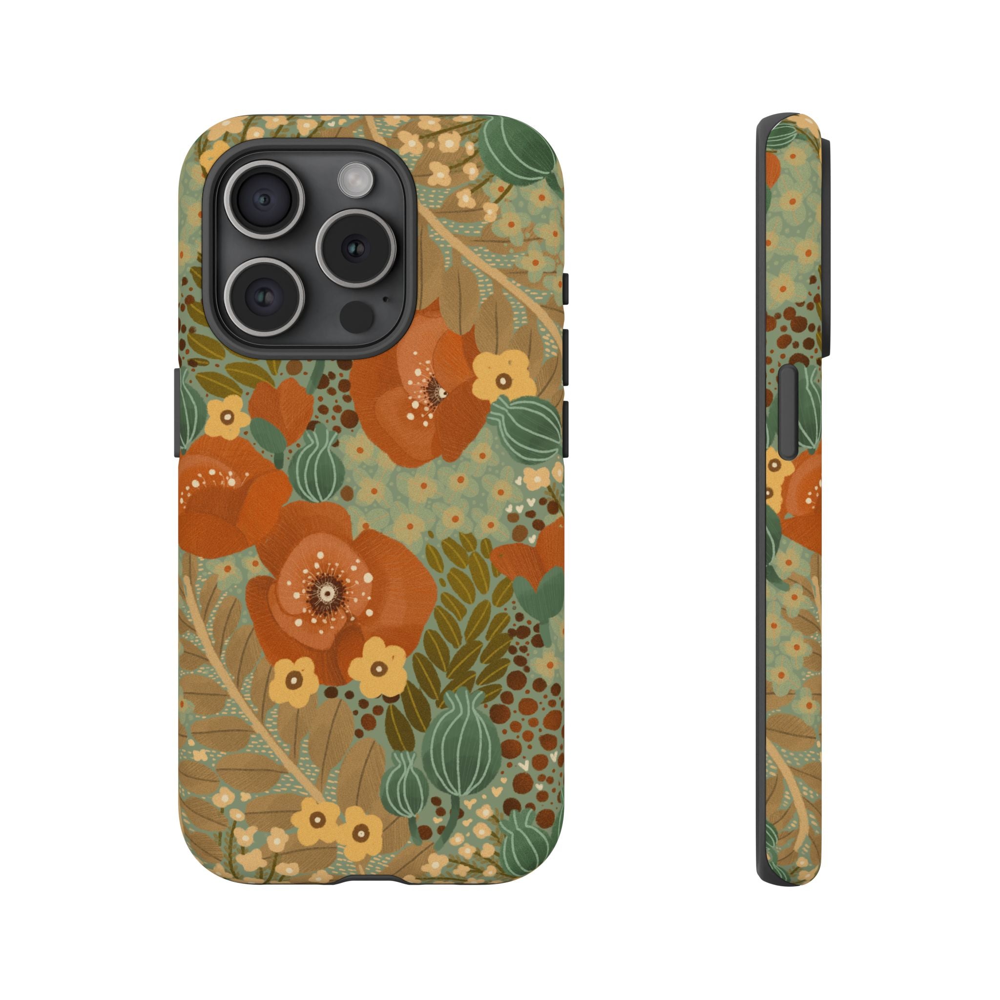 Floral Retro Tough Phone Case — Vintage Orange & Green Bloom Design