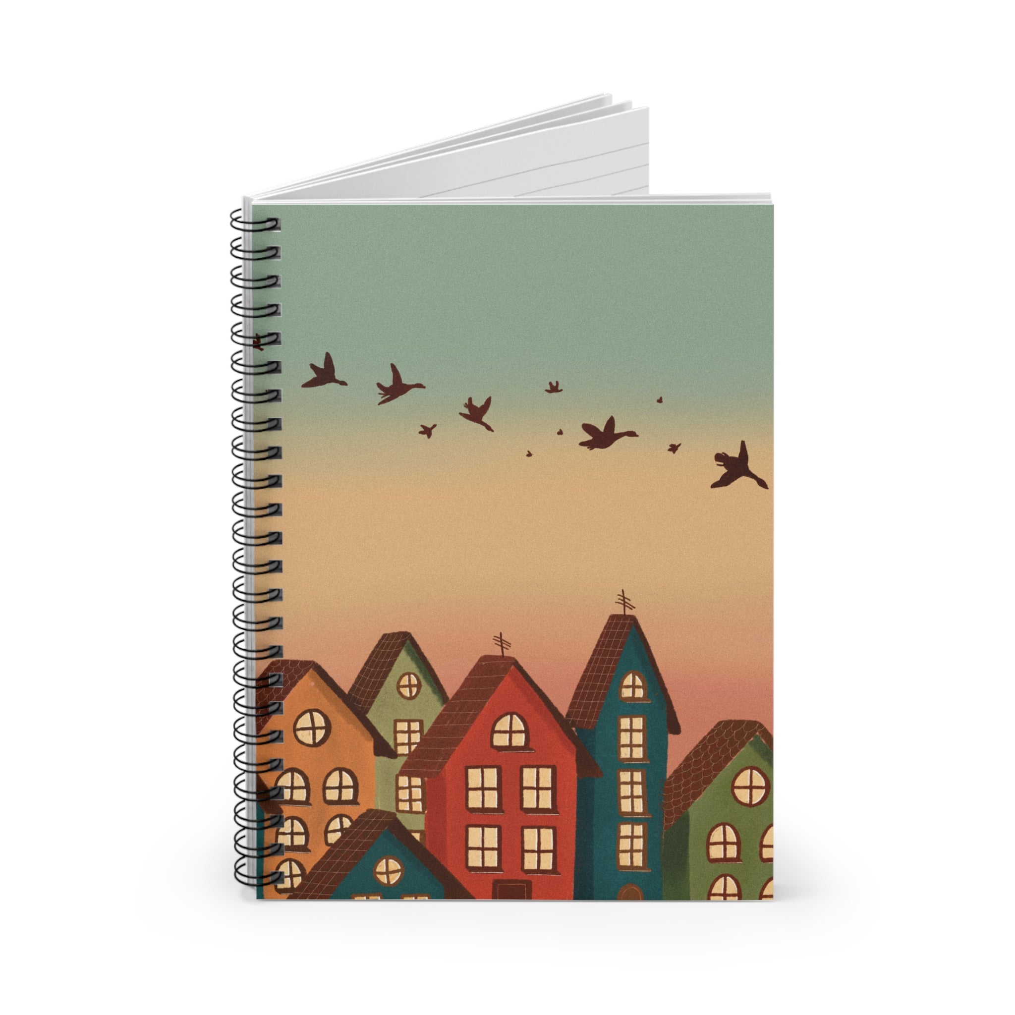 Cozy Village Spiral Notebook — Sunset Houses & Flying Birds Ruled Journal