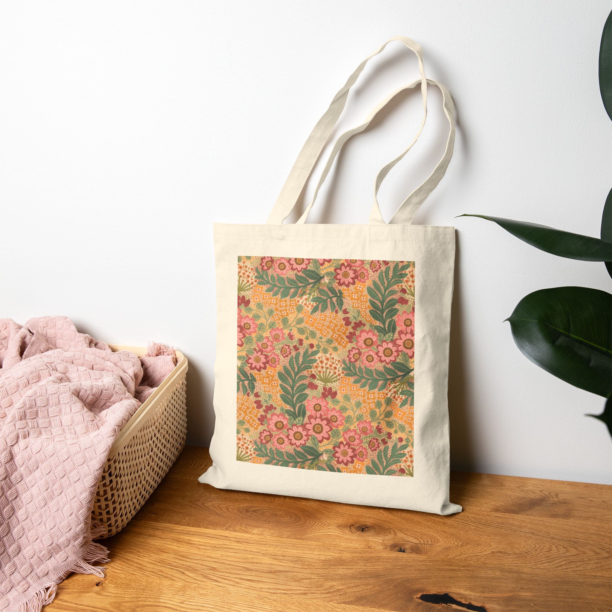 Floral Vintage Canvas Tote Bag — Retro Orange & Green Flower Market Tote
