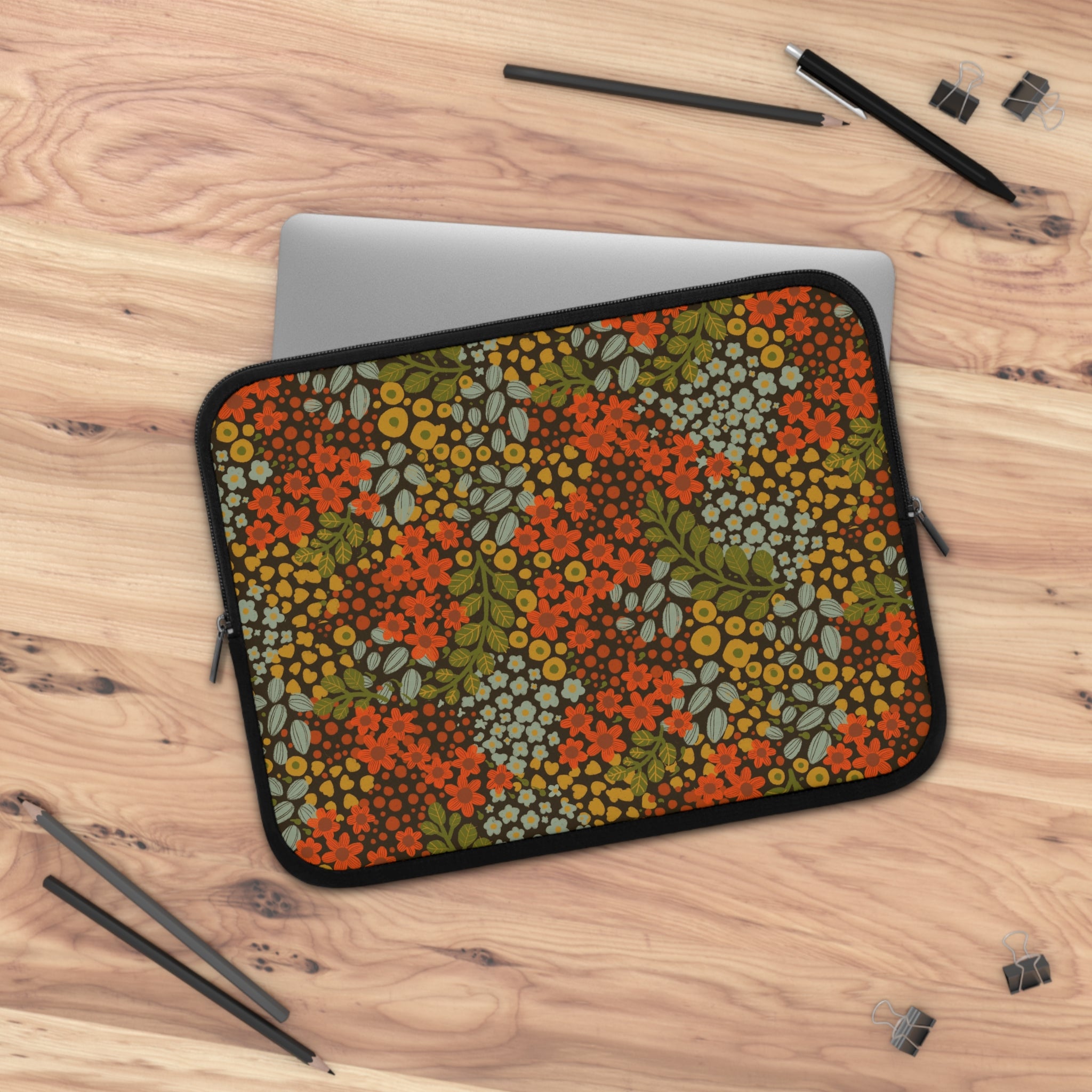 Floral Retro Laptop Sleeve — Autumn Orange Vintage Flower Pattern