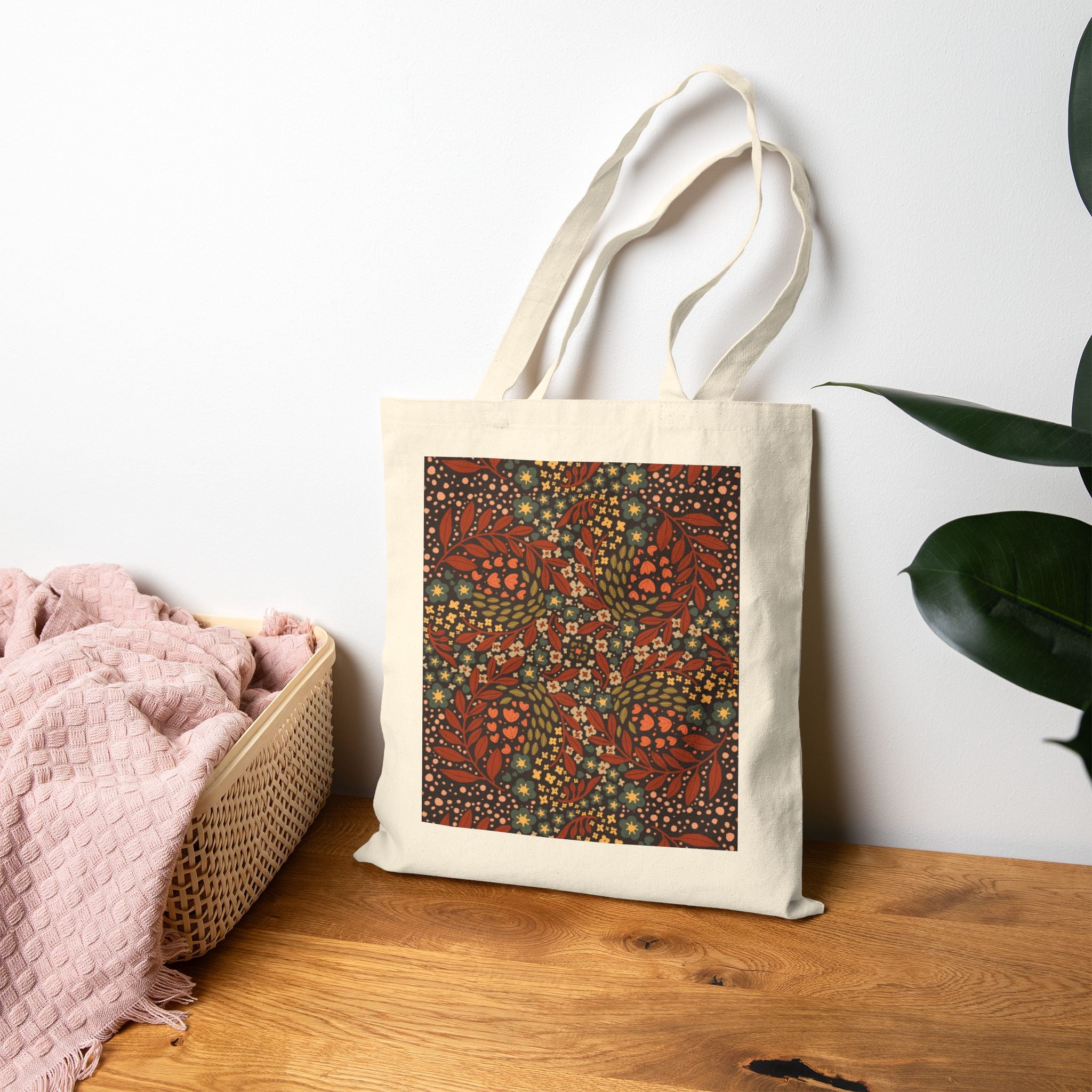 Autumn Mosaic Canvas Tote – Earthy Red & Gold Leaf Pattern