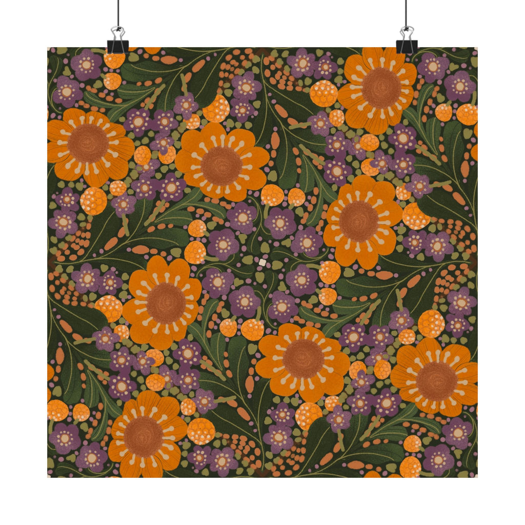 Orange Daisy Floral Satin Poster | Botanical Wall Art, Retro Flower Pattern