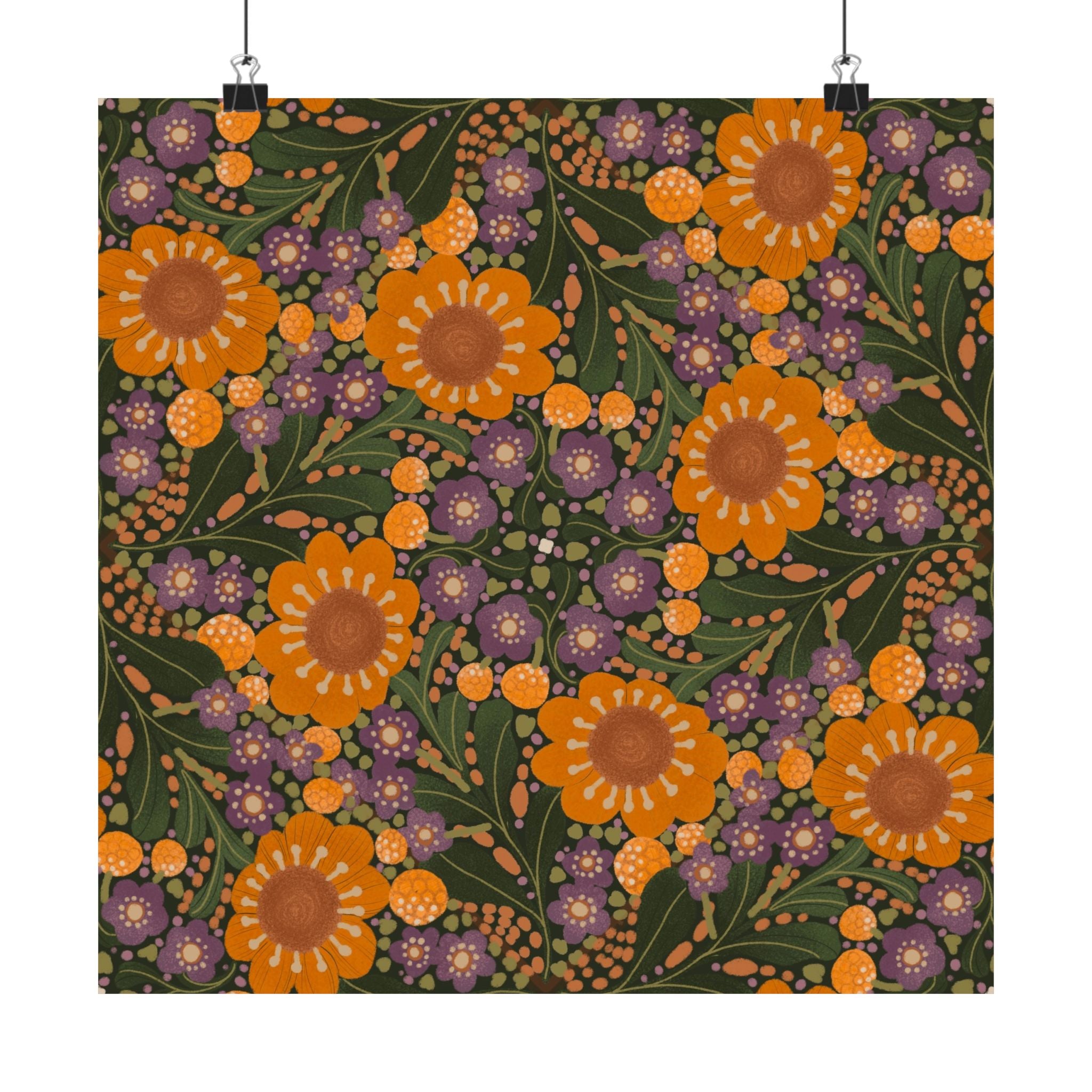 Orange Daisy Floral Satin Poster | Botanical Wall Art, Retro Flower Pattern