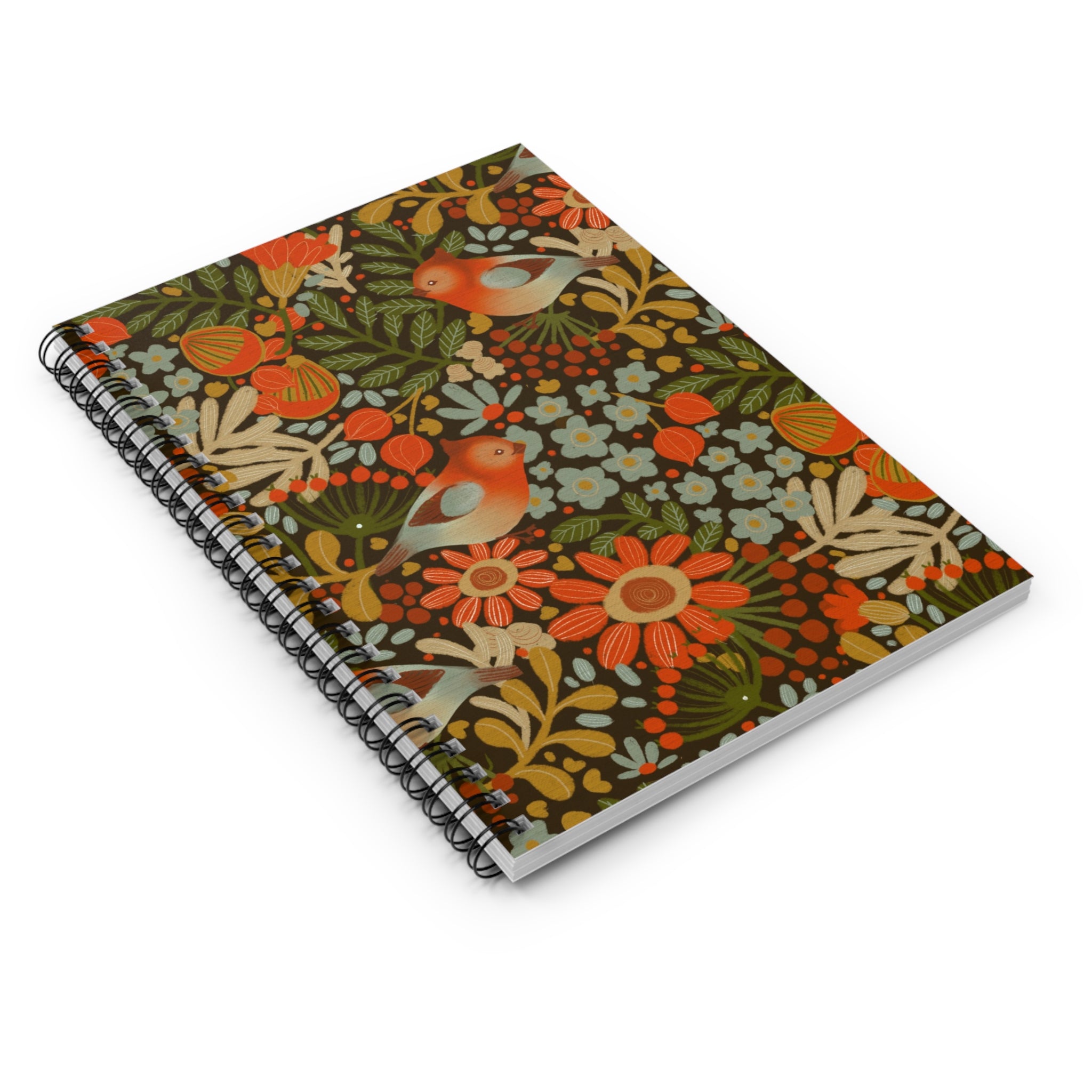 Folk Birds Floral Pattern Spiral Notebook | Ruled Lined Journal
