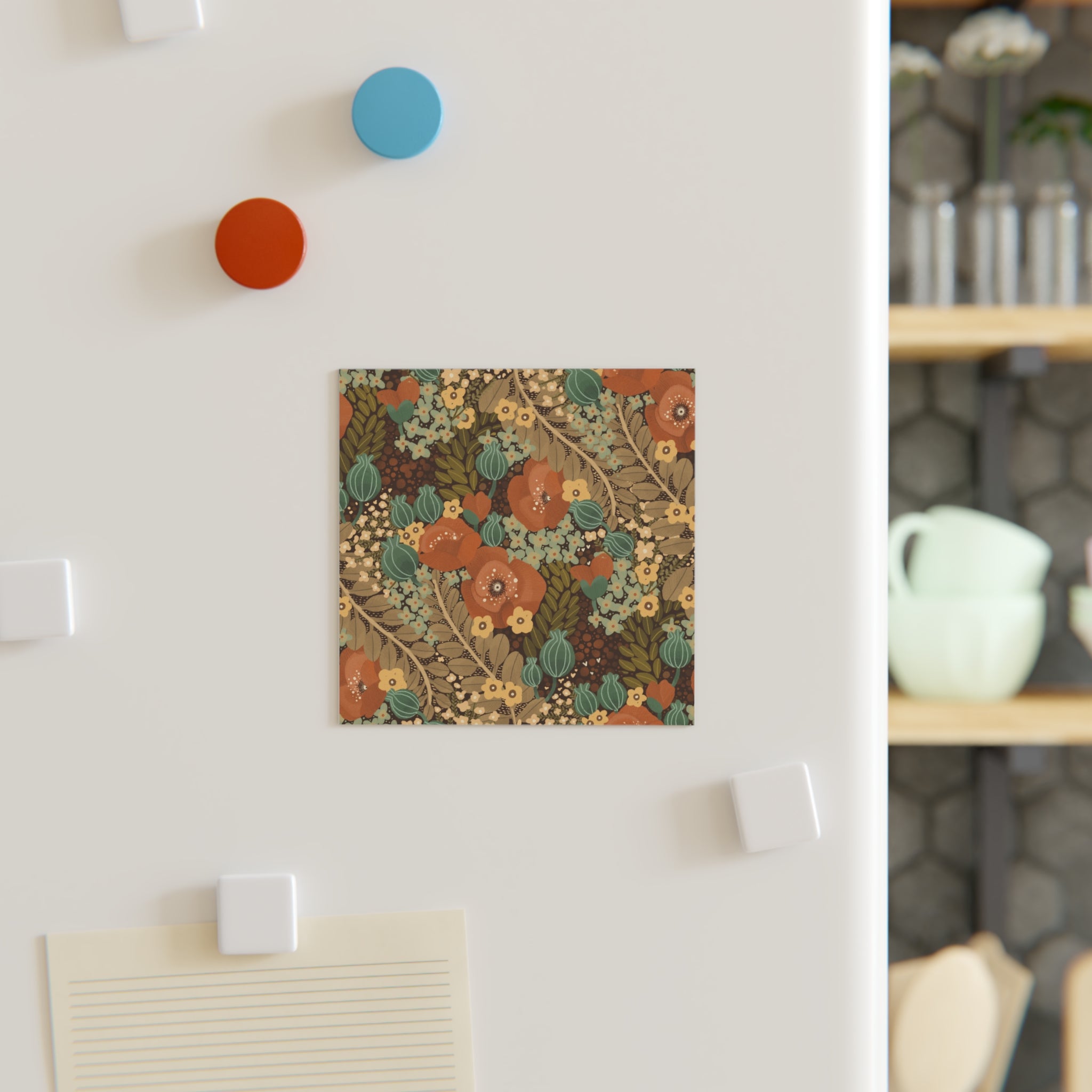 Vintage Floral Square Magnet — Retro Poppy & Foliage Refrigerator Magnet