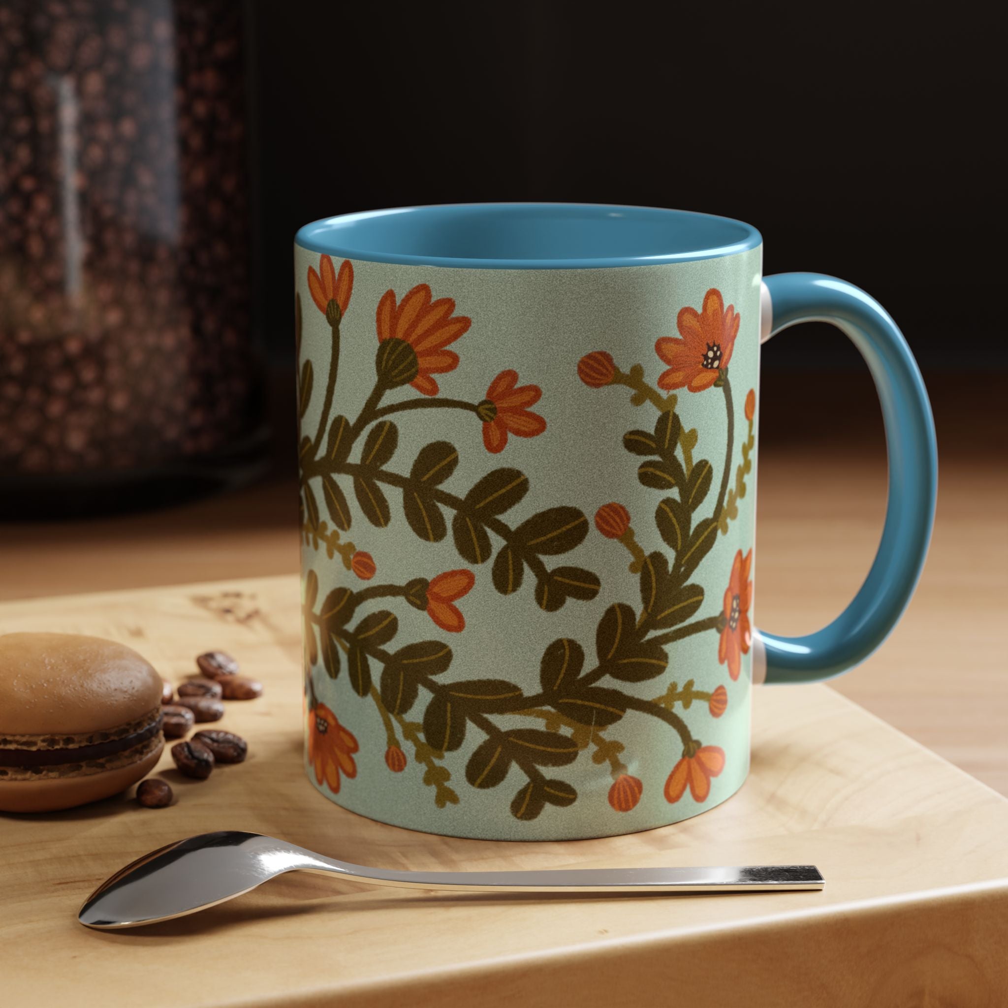 Floral Vine Accent Coffee Mug – Orange Wildflowers on Mint (11/15oz)