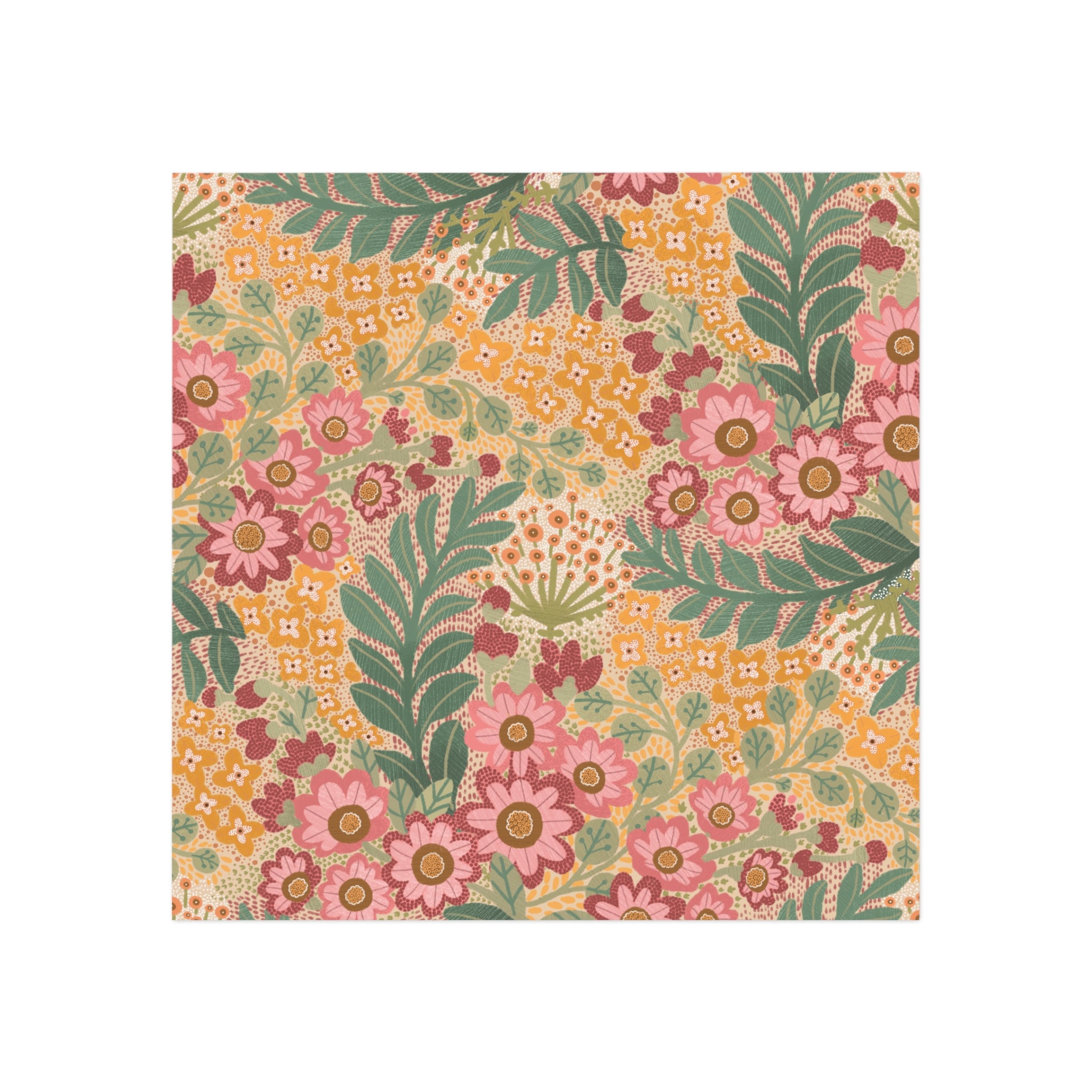 Vintage Floral Square Magnet — Retro Pink & Mustard Botanical Refrigerator Magnet
