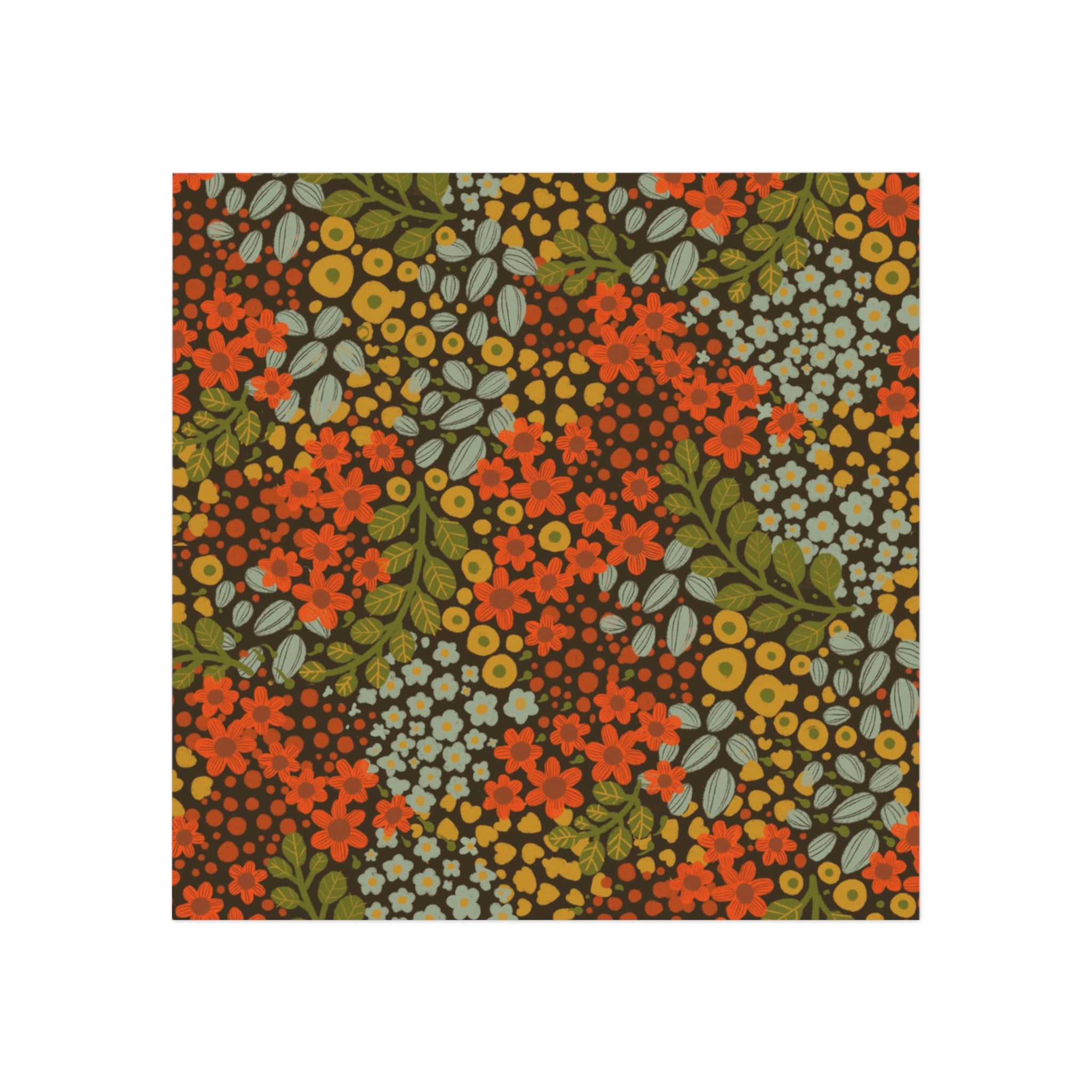Retro Floral Square Magnet — Vintage Orange & Olive Botanical Fridge Magnet