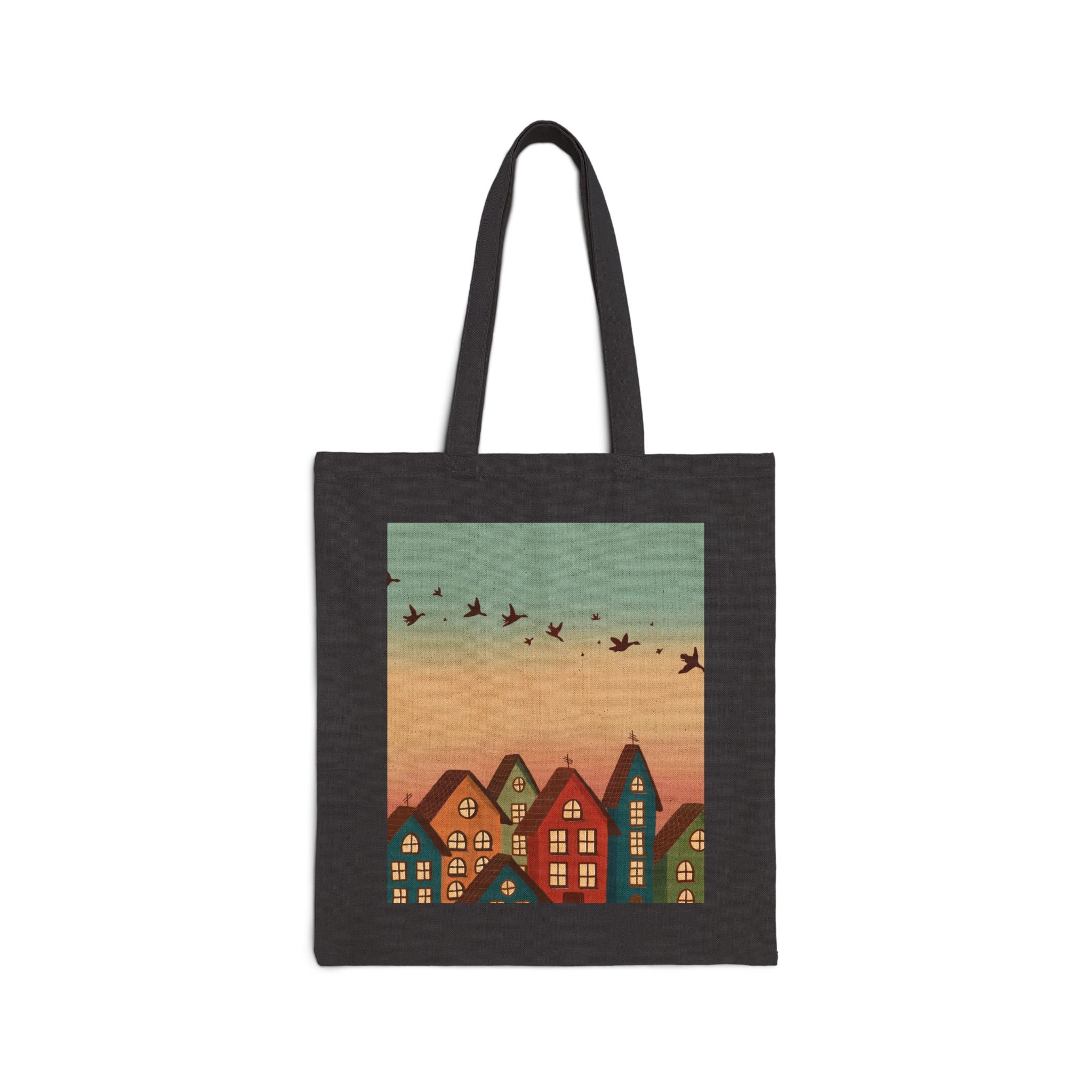 Vintage Sunset Village Tote Bag — Cozy House Illustration Canvas Tote