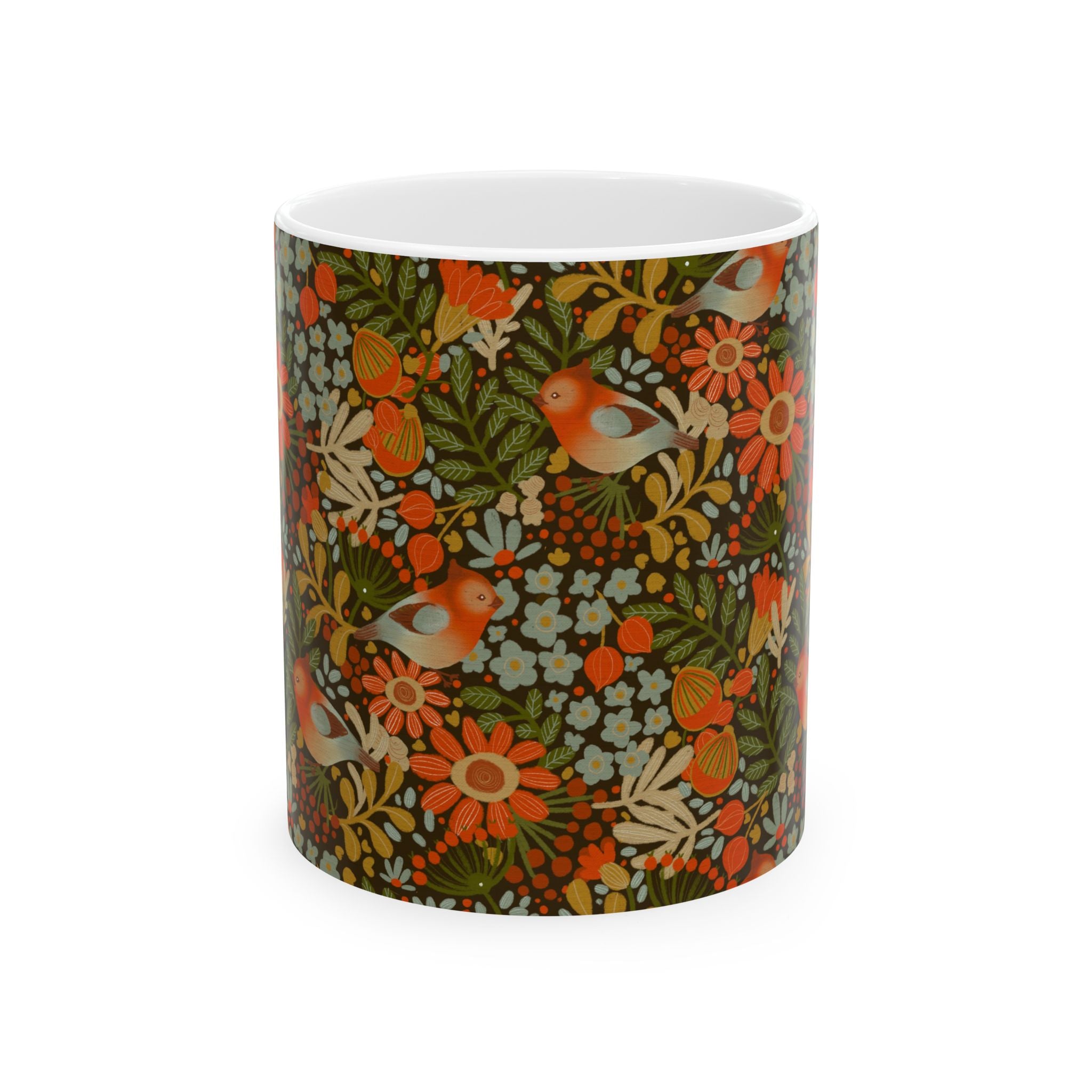 Vintage Floral Bird Pattern Mug | Retro Orange Green Botanical Ceramic