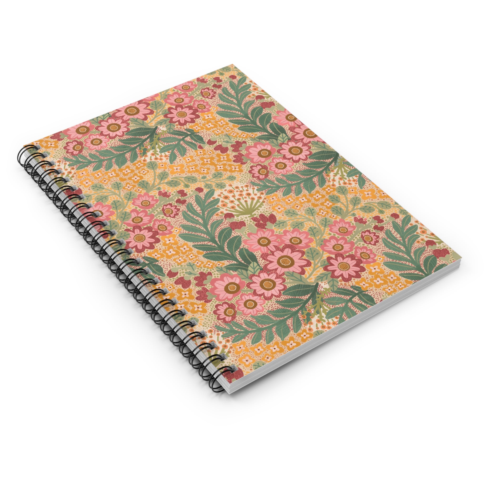 Floral Spiral Notebook — Vintage Pink & Green Patterned Ruled Journal
