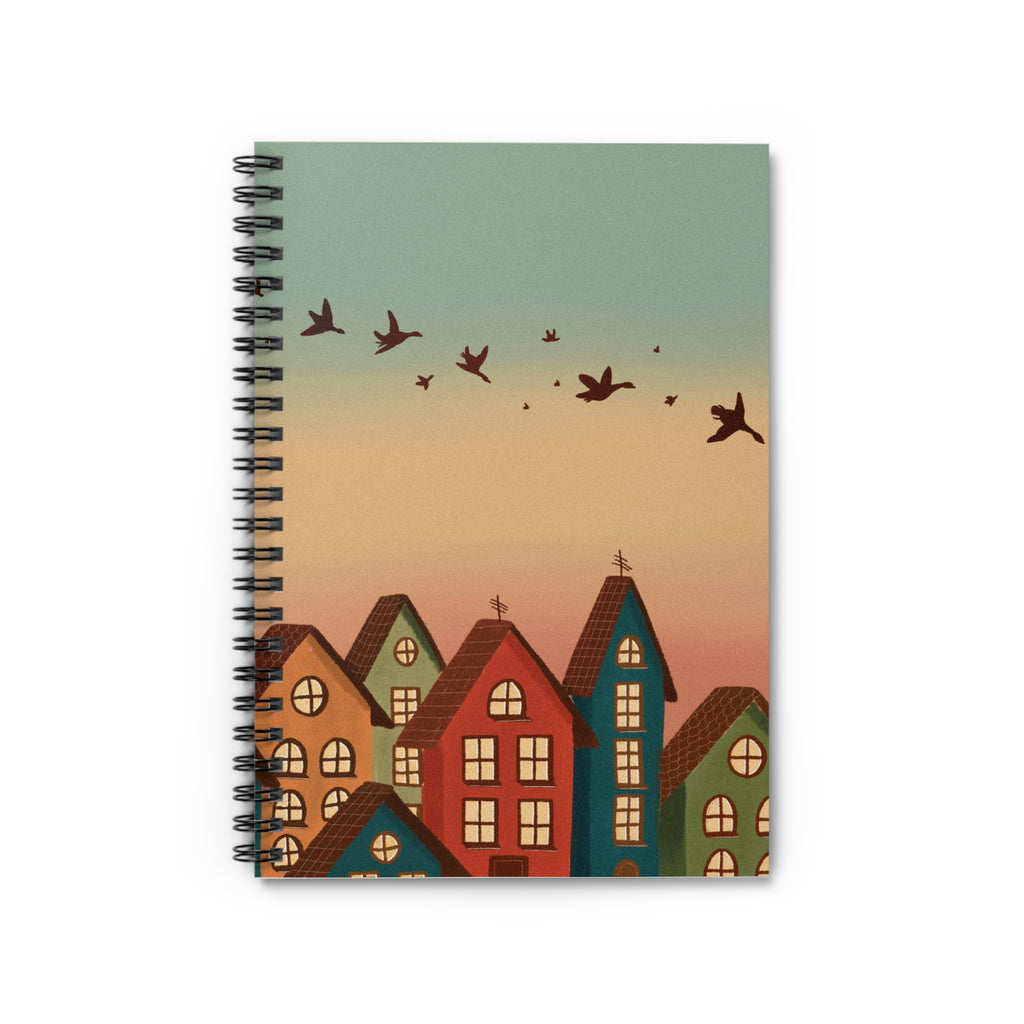 Cozy Village Spiral Notebook — Sunset Houses & Flying Birds Ruled Journal