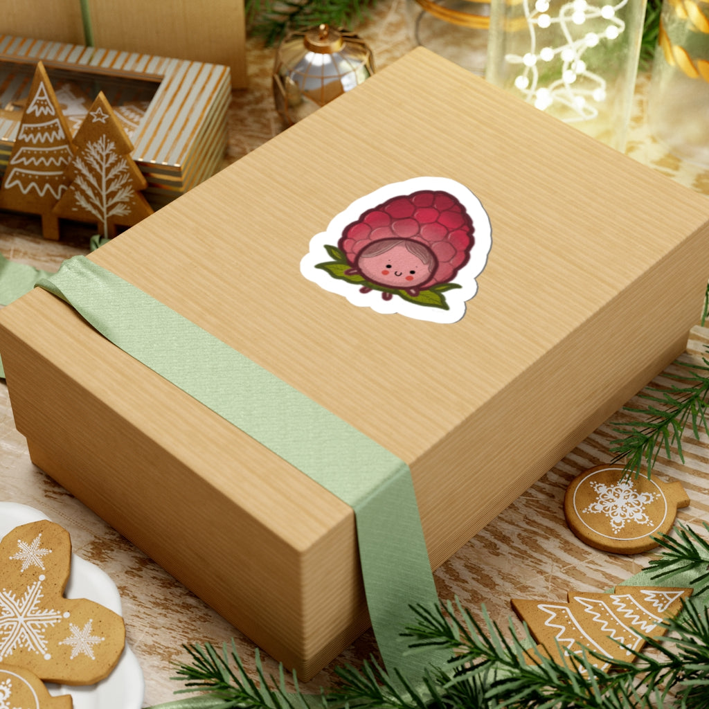 Cute Raspberry Character Kiss-Cut Sticker — Kawaii Fruit Laptop Decal