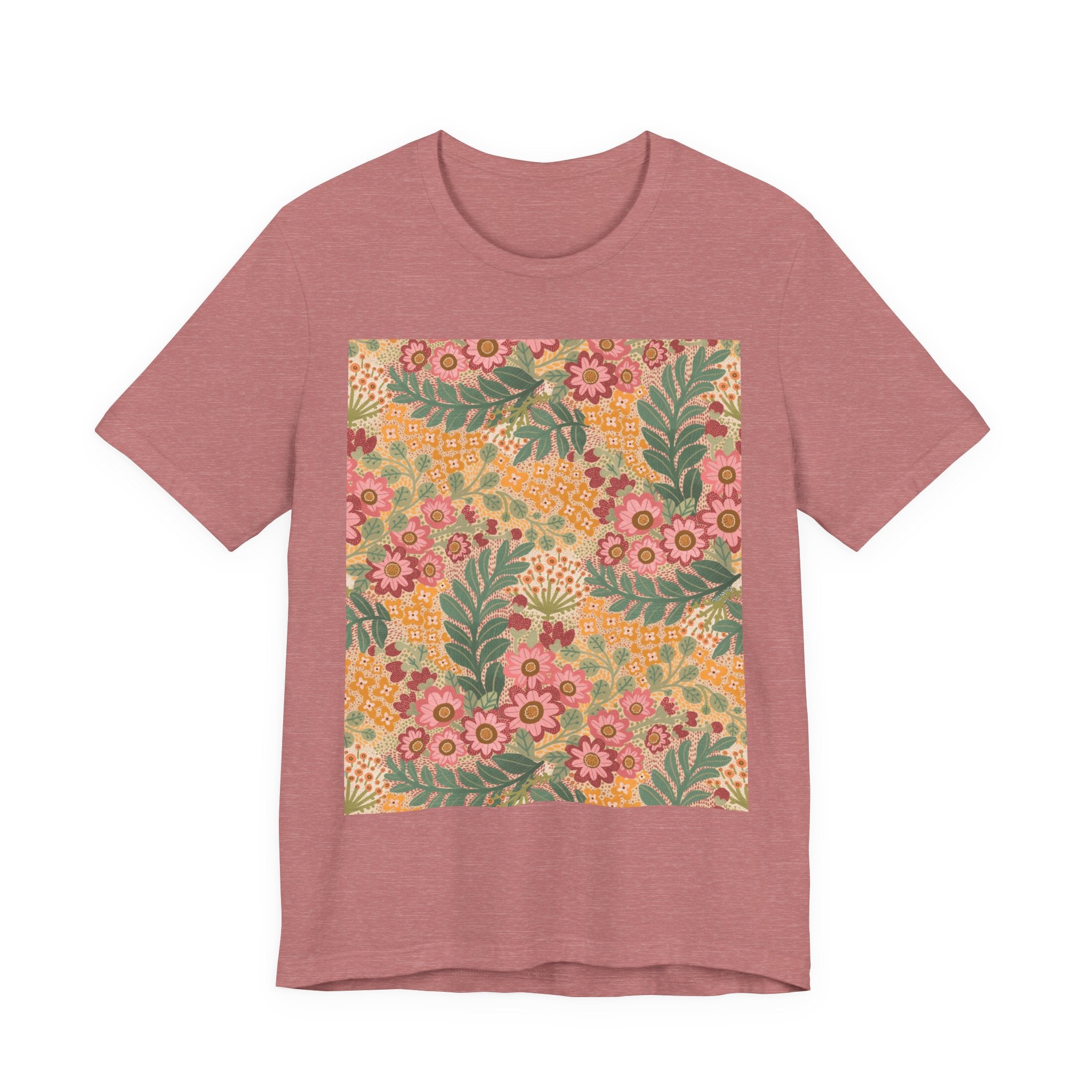 Retro Floral Square Tee — Vintage Pink & Mustard Botanical Shirt