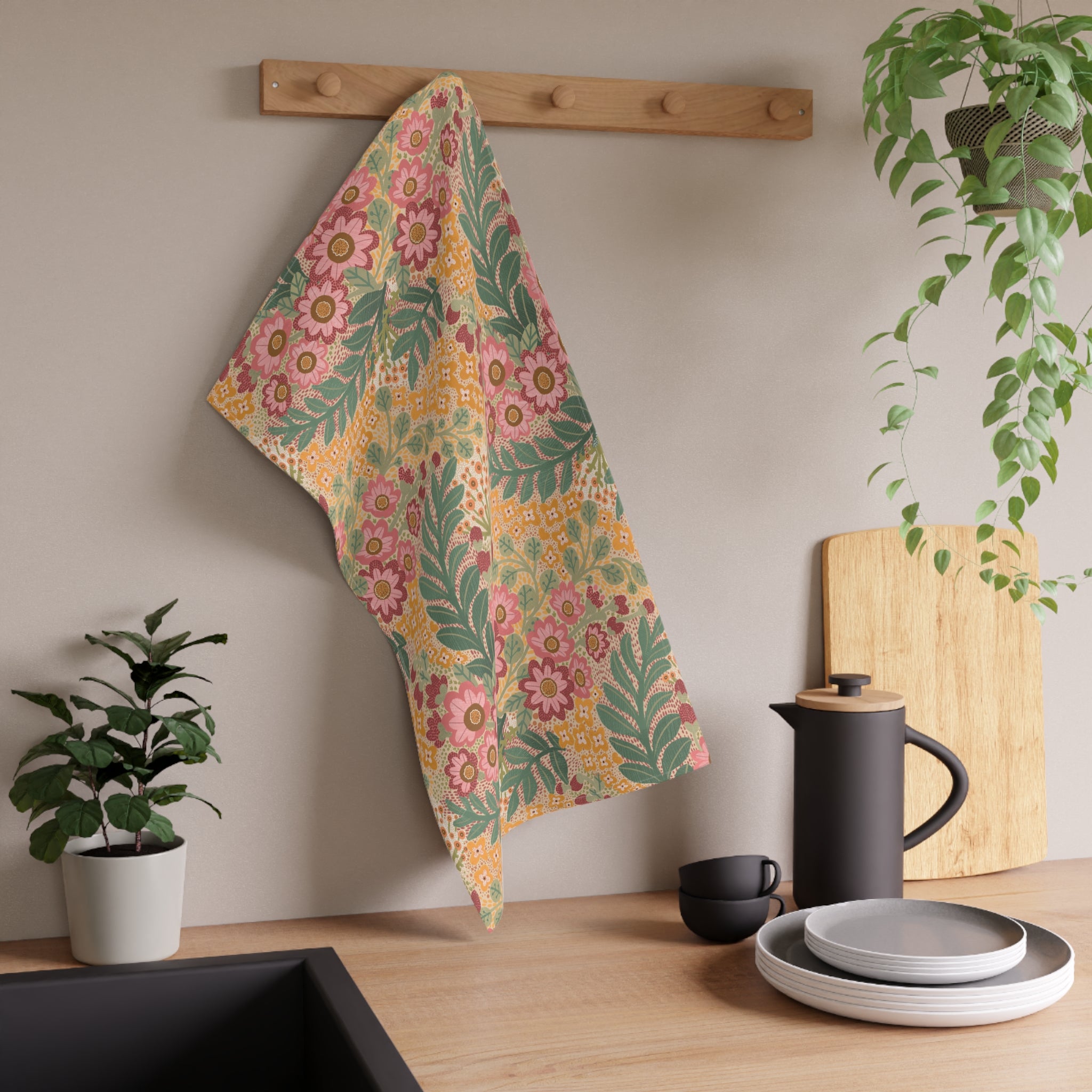 Floral Tea Towel — Vintage Pink & Mustard Botanical Kitchen Towel
