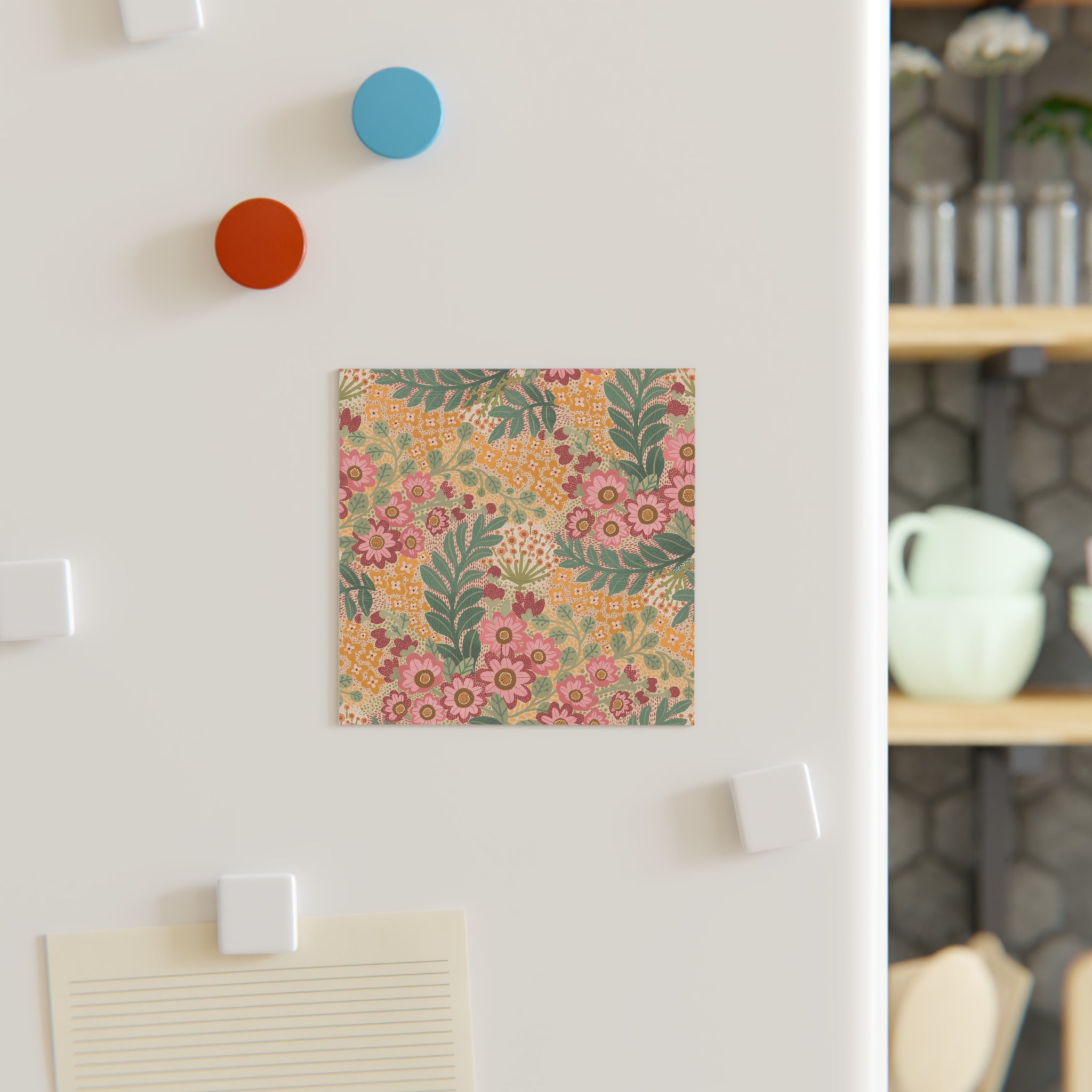 Vintage Floral Square Magnet — Retro Pink & Mustard Botanical Refrigerator Magnet