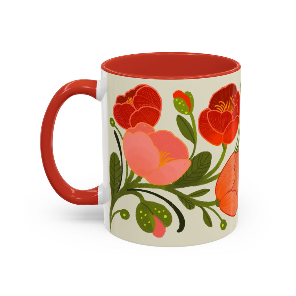 Floral Accent Coffee Mug — Coral Poppy Bouquet Design (11/15 oz)