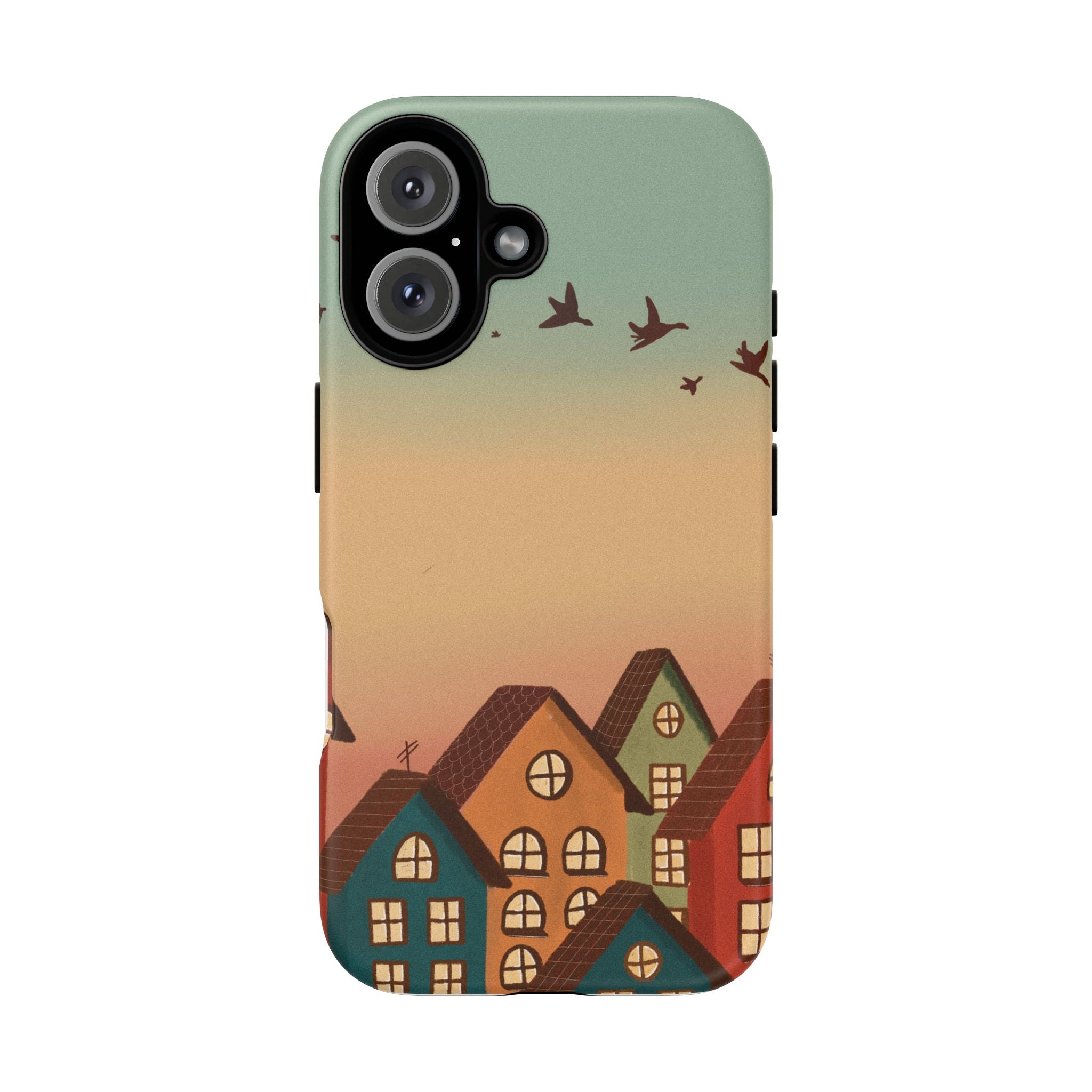 Cozy Village Sunset Phone Case — Houses & Flying Birds Protective iPhone Cover