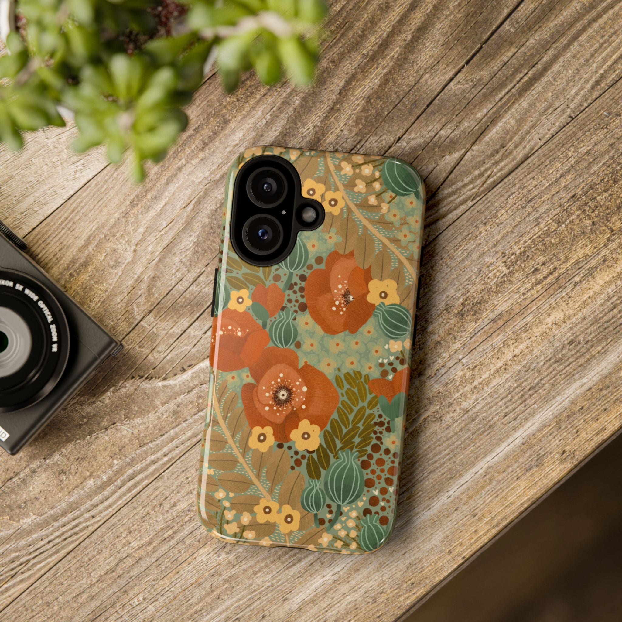 Floral Retro Tough Phone Case — Vintage Orange & Green Bloom Design