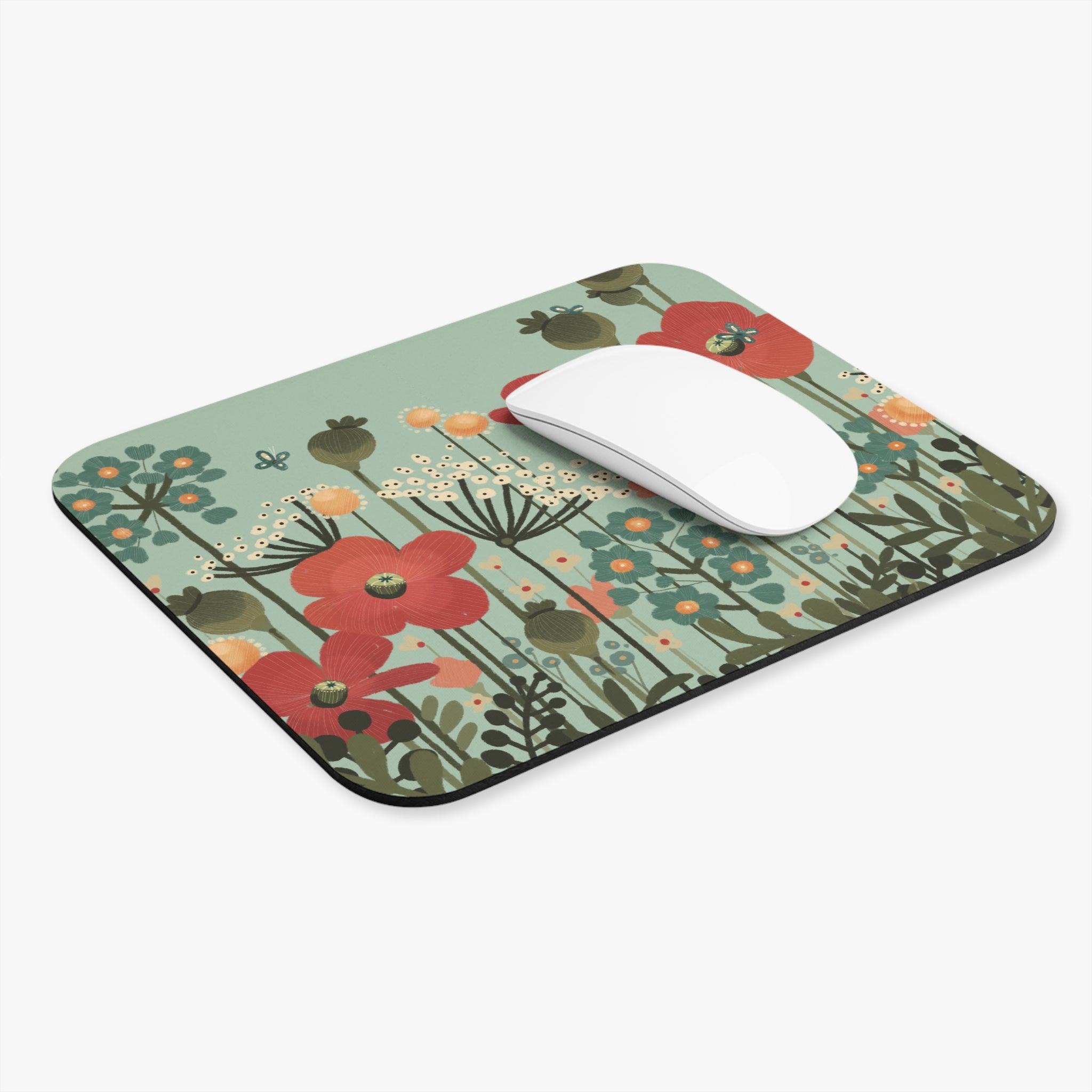 Floral Poppy Meadow Mouse Pad — Vintage Wildflower Desk Mat