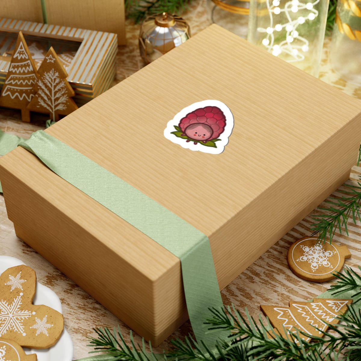 Cute Raspberry Character Kiss-Cut Sticker — Kawaii Fruit Laptop Decal