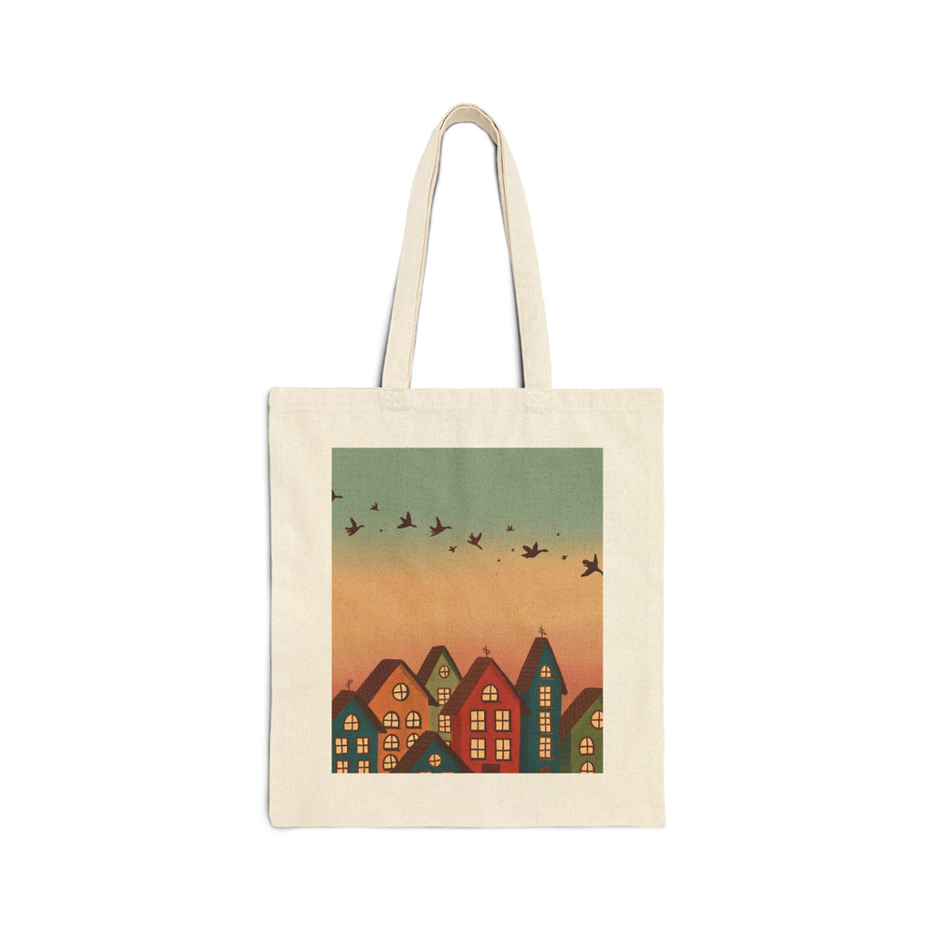 Vintage Sunset Village Tote Bag — Cozy House Illustration Canvas Tote
