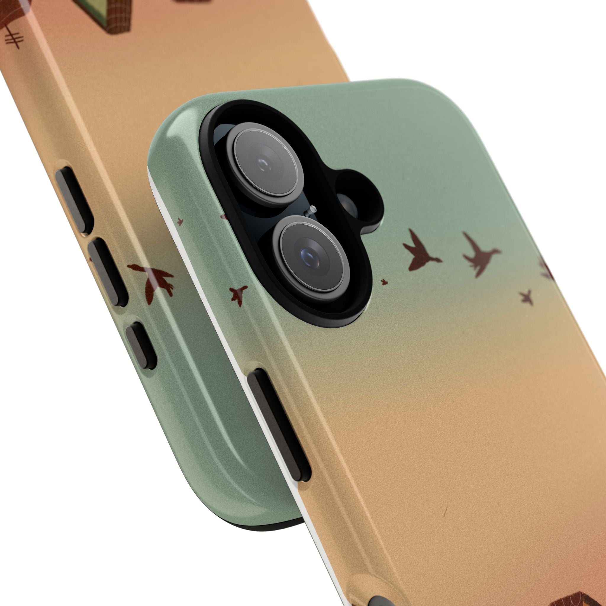 Cozy Village Sunset Phone Case — Houses & Flying Birds Protective iPhone Cover