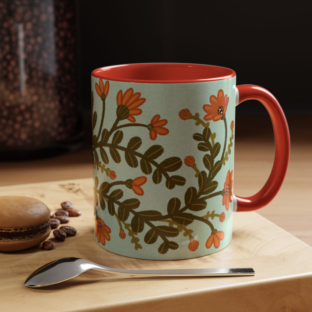 Floral Vine Accent Coffee Mug – Orange Wildflowers on Mint (11/15oz)