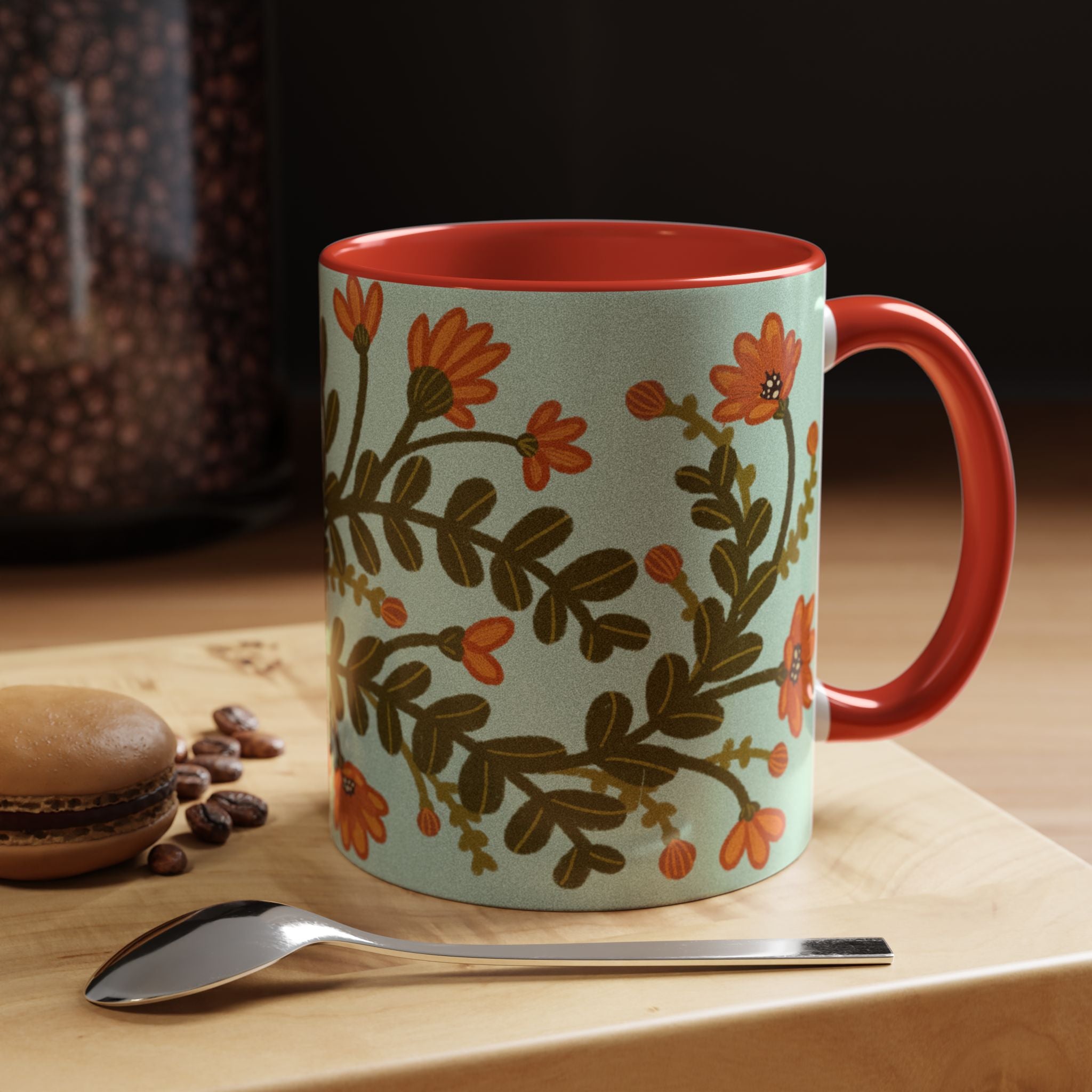 Floral Vine Accent Coffee Mug – Orange Wildflowers on Mint (11/15oz)