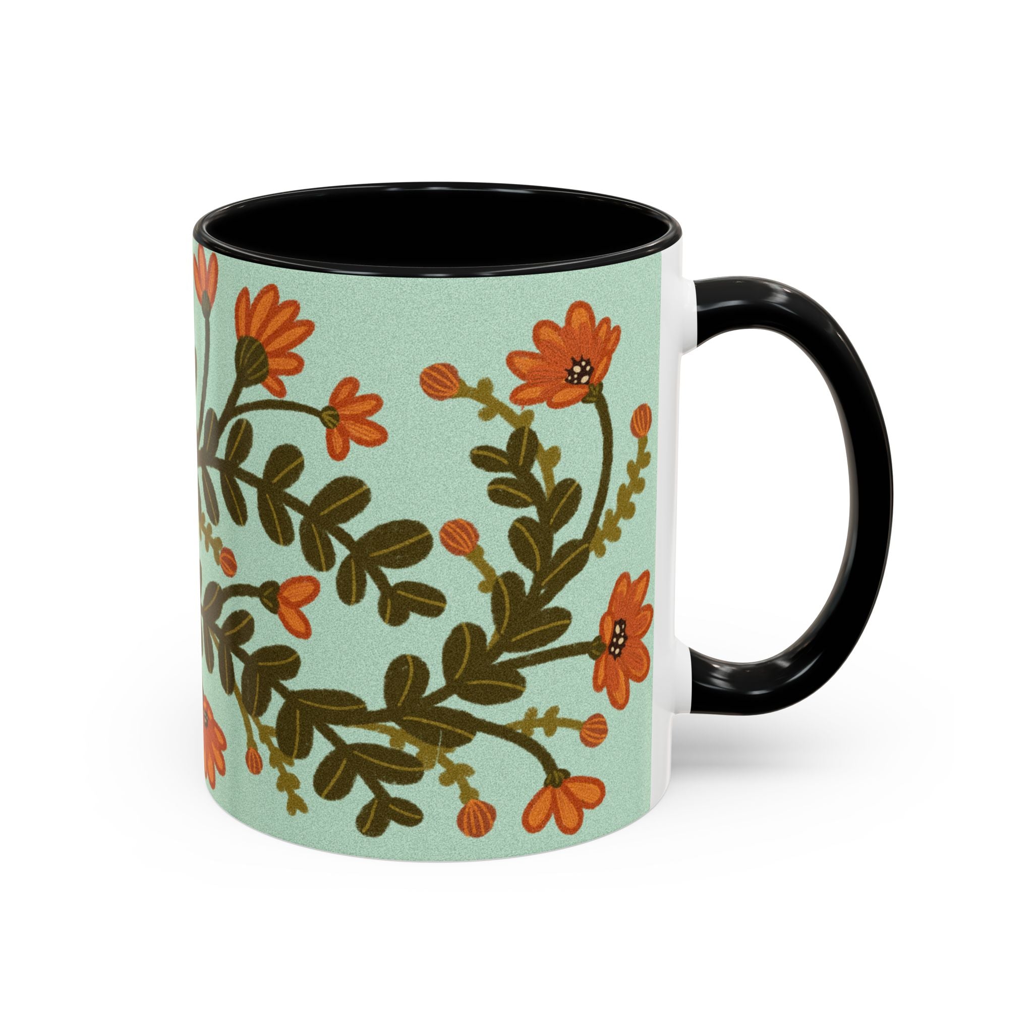 Floral Vine Accent Coffee Mug – Orange Wildflowers on Mint (11/15oz)