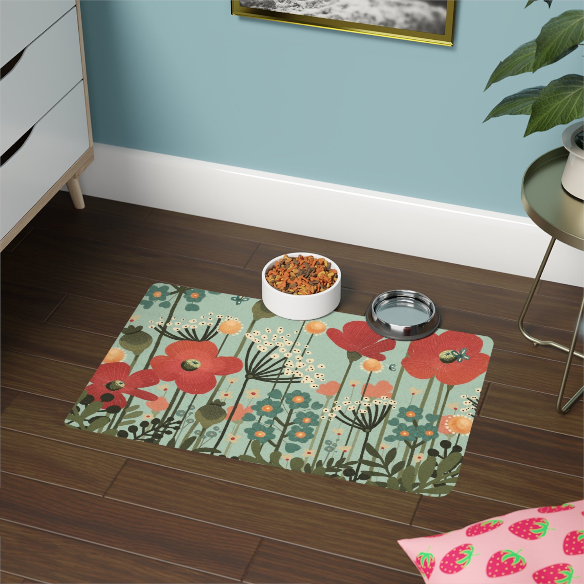 Floral Poppy Pet Food Mat (12x18) — Non-Slip Feeding Placemat for Cats & Dogs