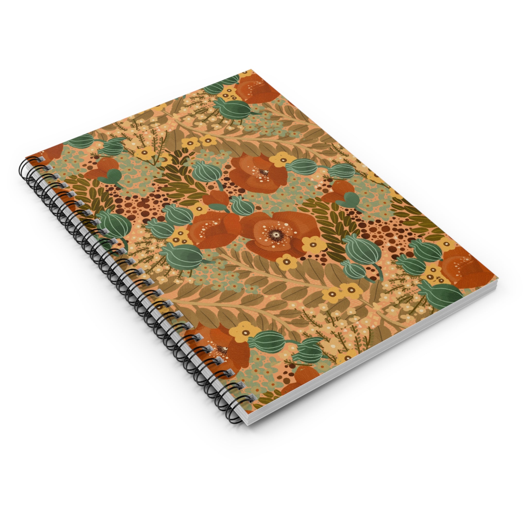 Floral Vintage Spiral Notebook — Warm Autumn Poppy Ruled Journal