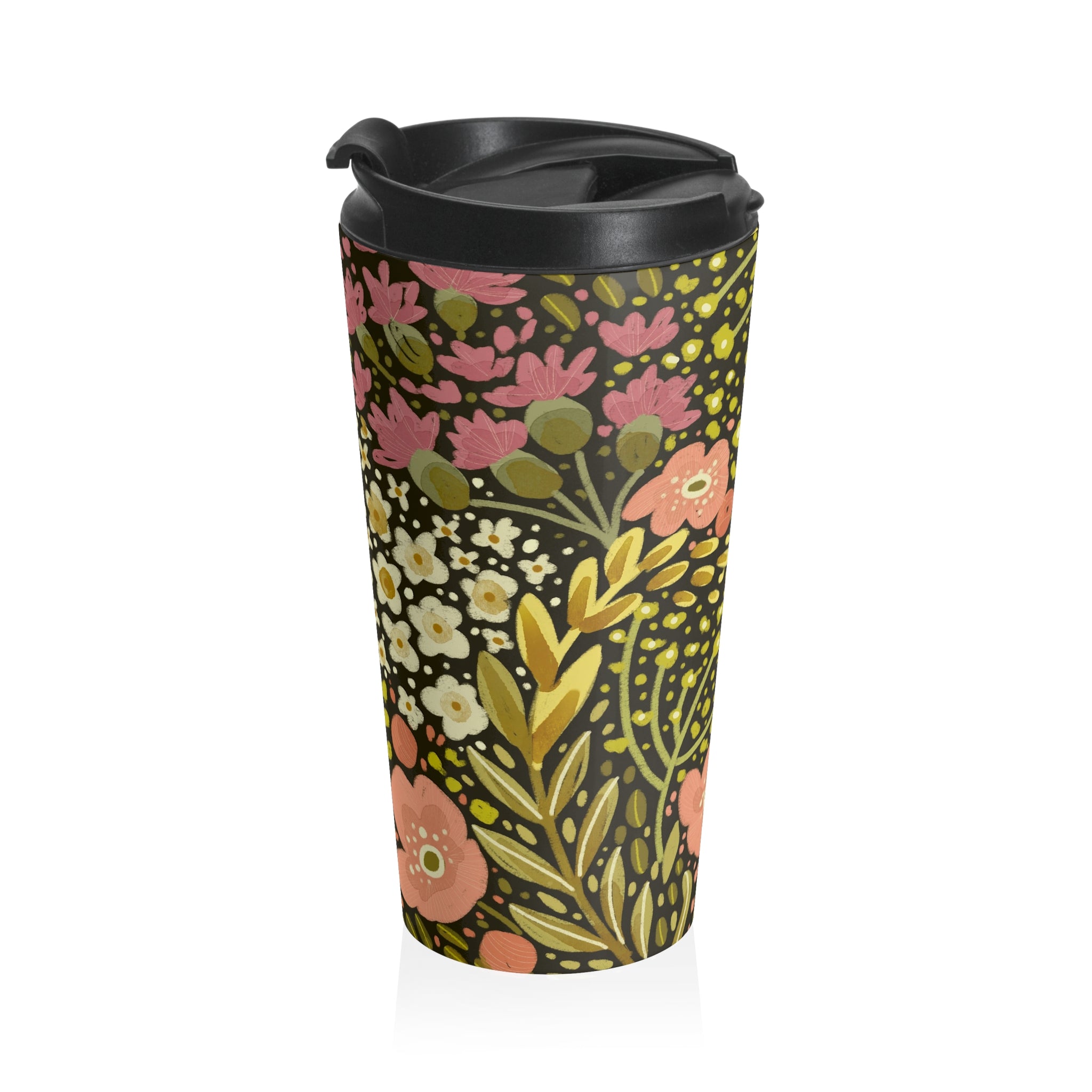 Vintage Floral Pattern Stainless Steel Travel Mug | Pink Olive Blossoms
