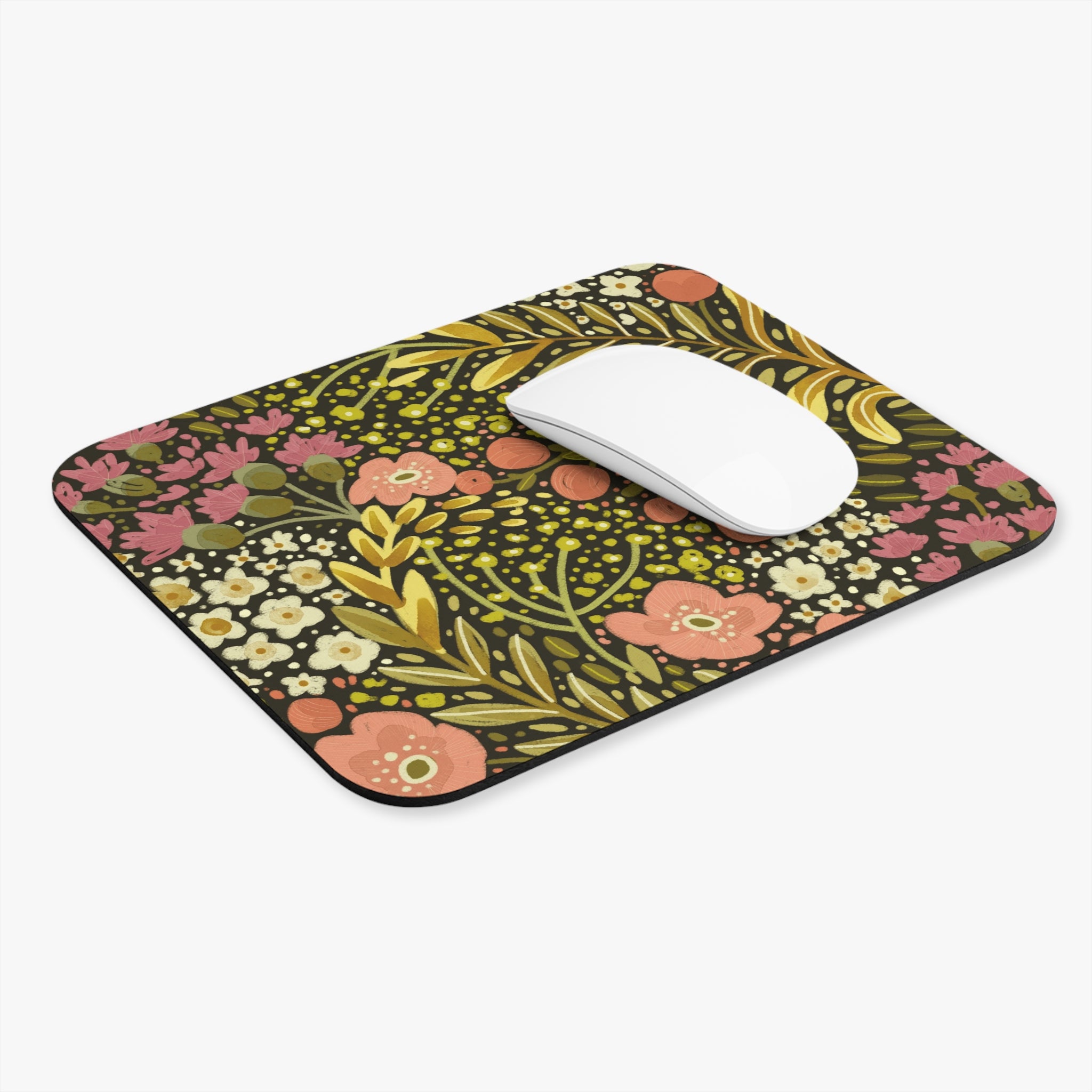 Vintage Floral Pattern Mouse Pad | Pink & Olive Botanical Desk Mat