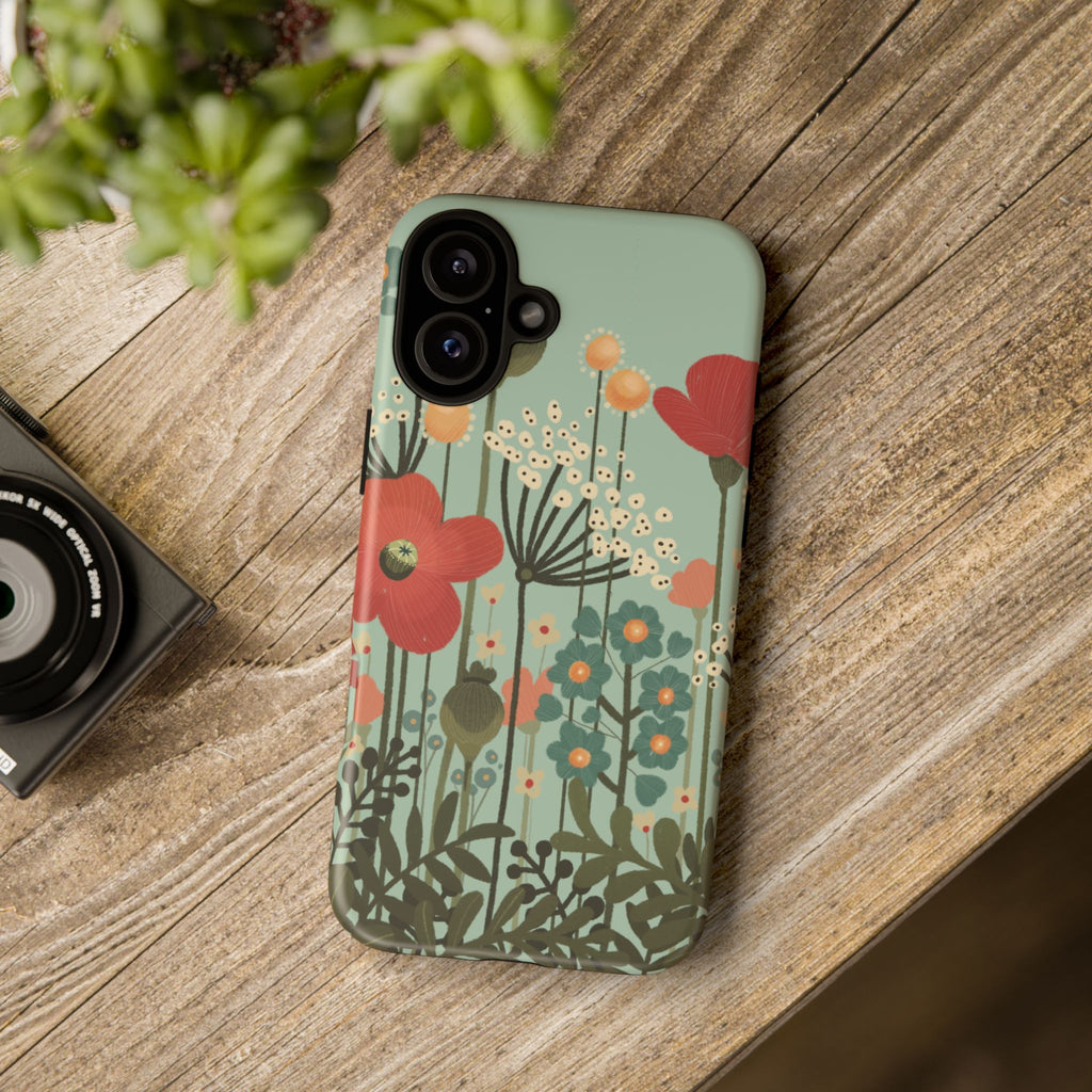 Floral Wildflower Tough Phone Case — Retro Poppy Garden Protective Cover