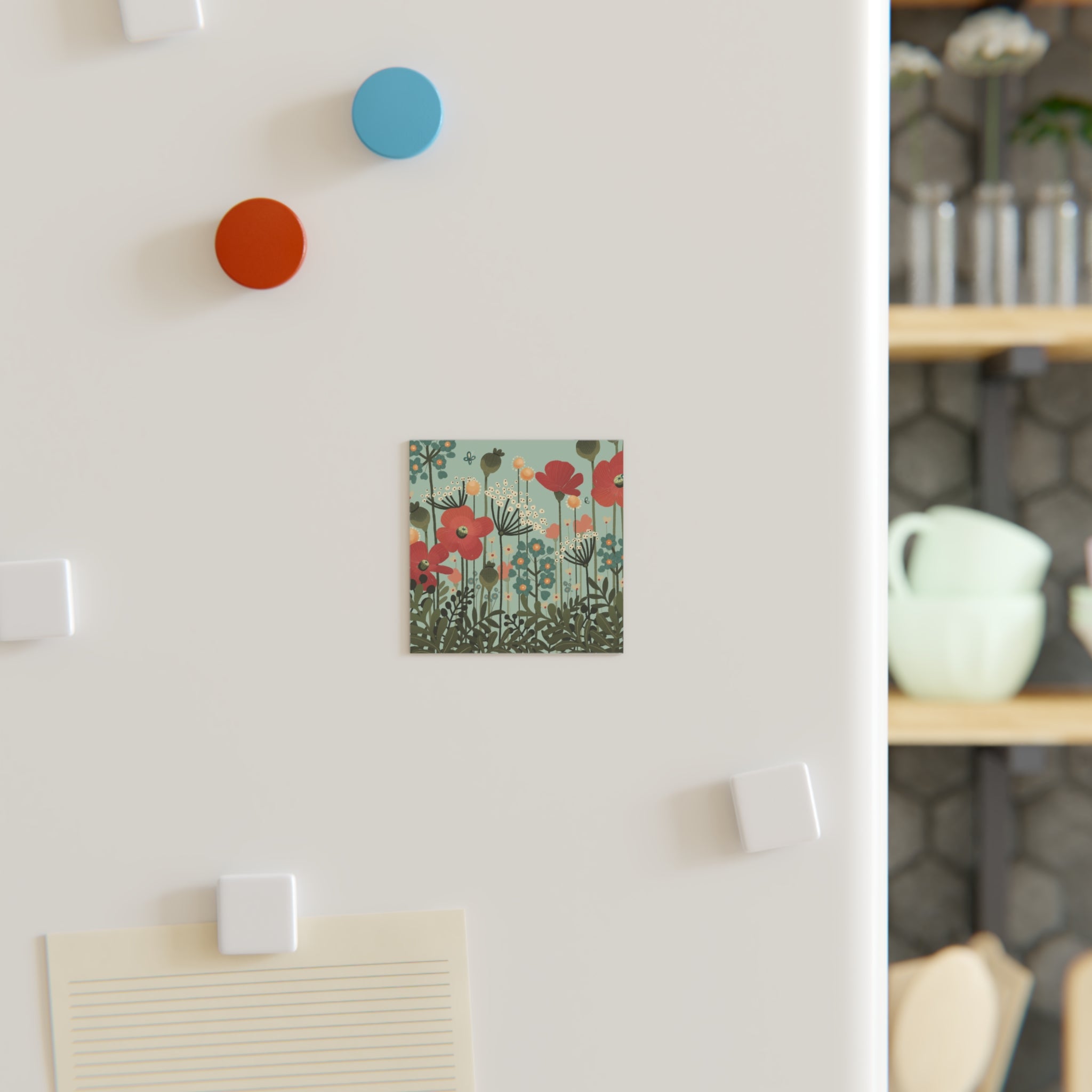 Floral Meadow Square Magnet — Vintage Poppy Garden Refrigerator Magnet