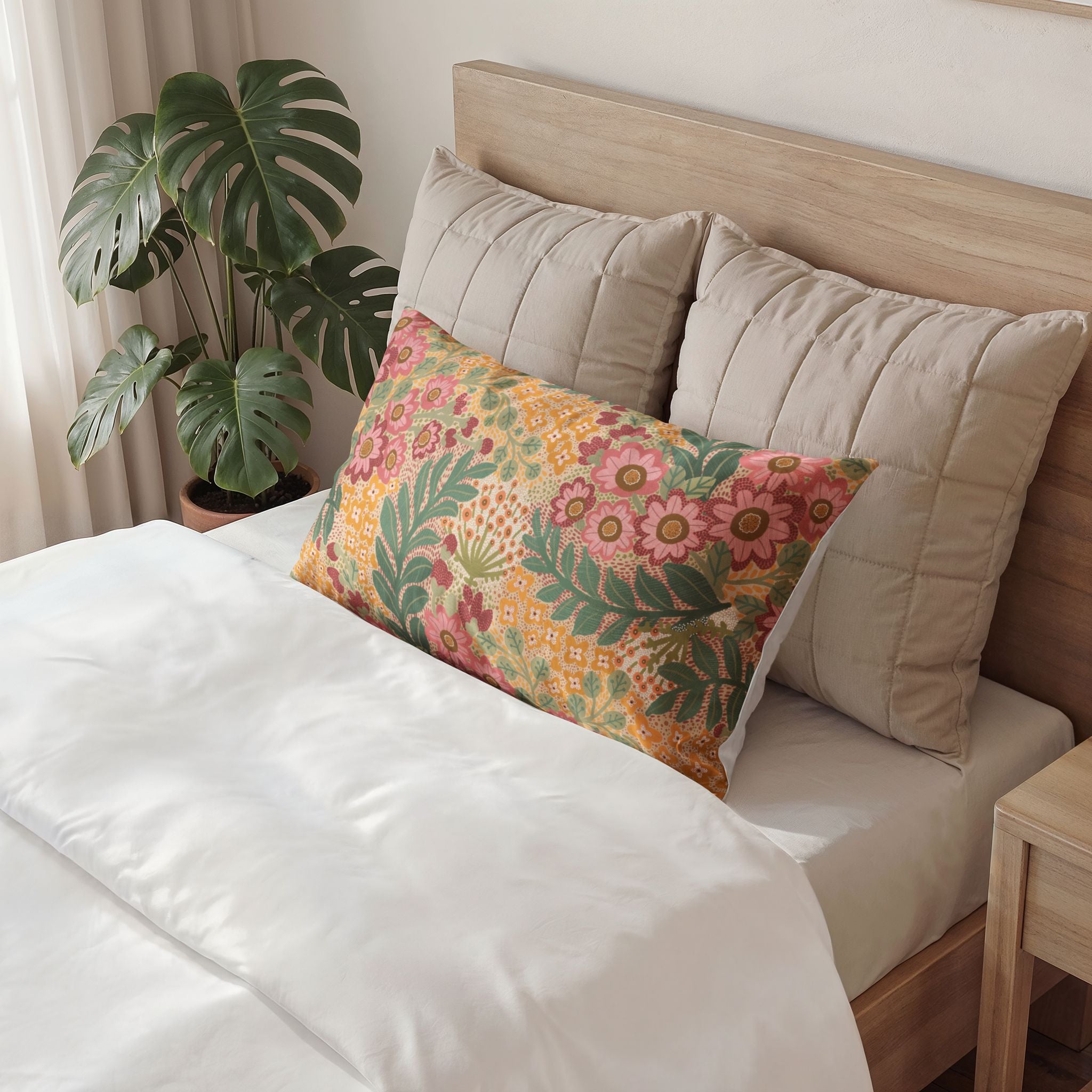 Floral Vintage Pillow Sham — Retro Pink & Sage Cotton Accent Cover