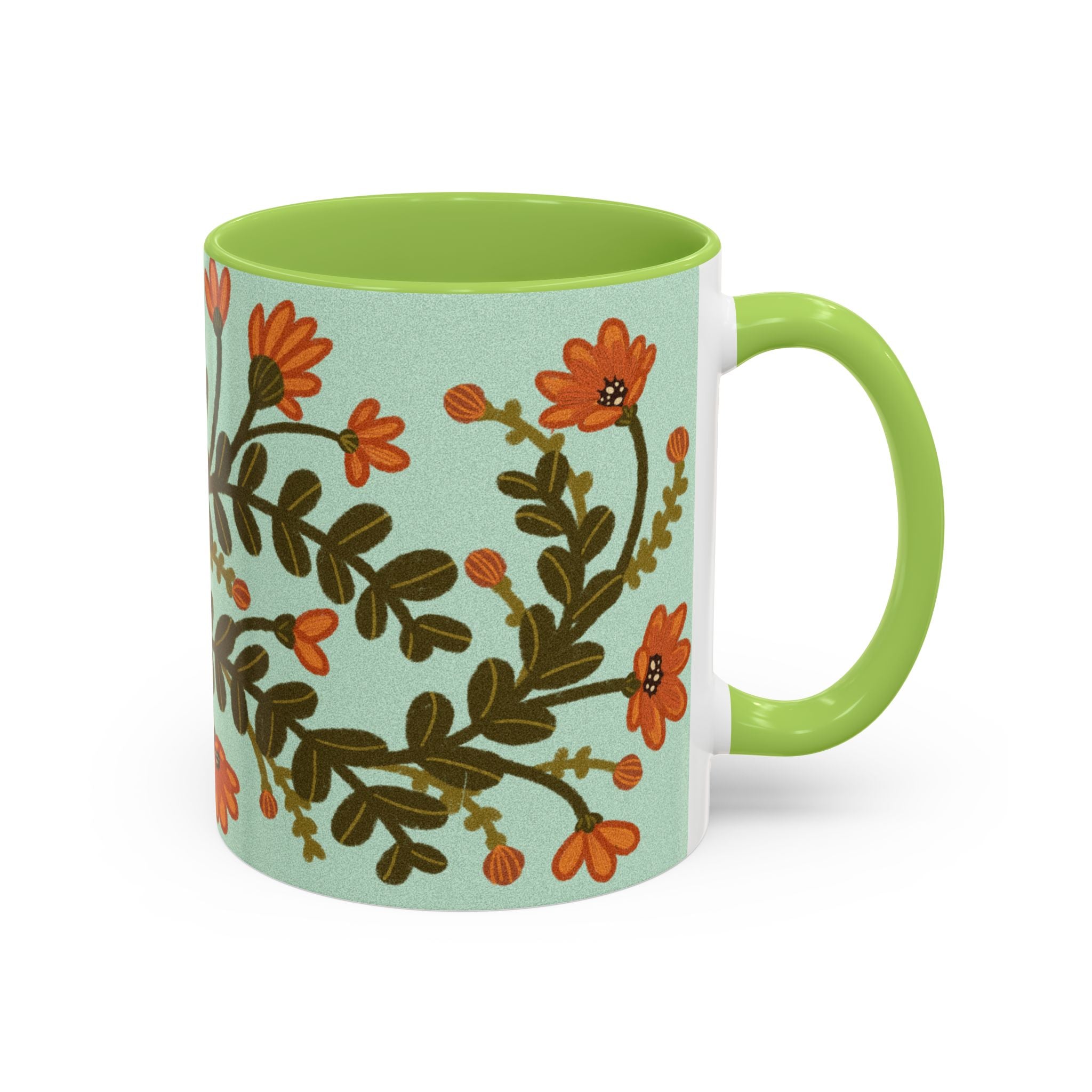 Floral Vine Accent Coffee Mug – Orange Wildflowers on Mint (11/15oz)