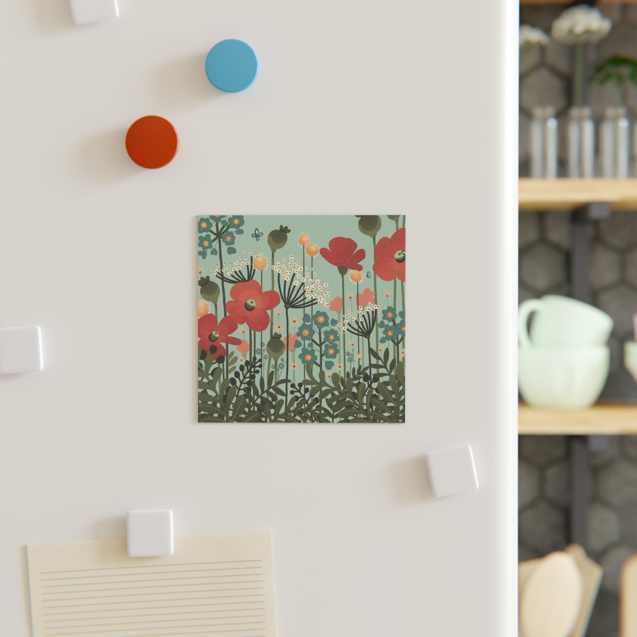 Floral Meadow Square Magnet — Vintage Poppy Garden Refrigerator Magnet