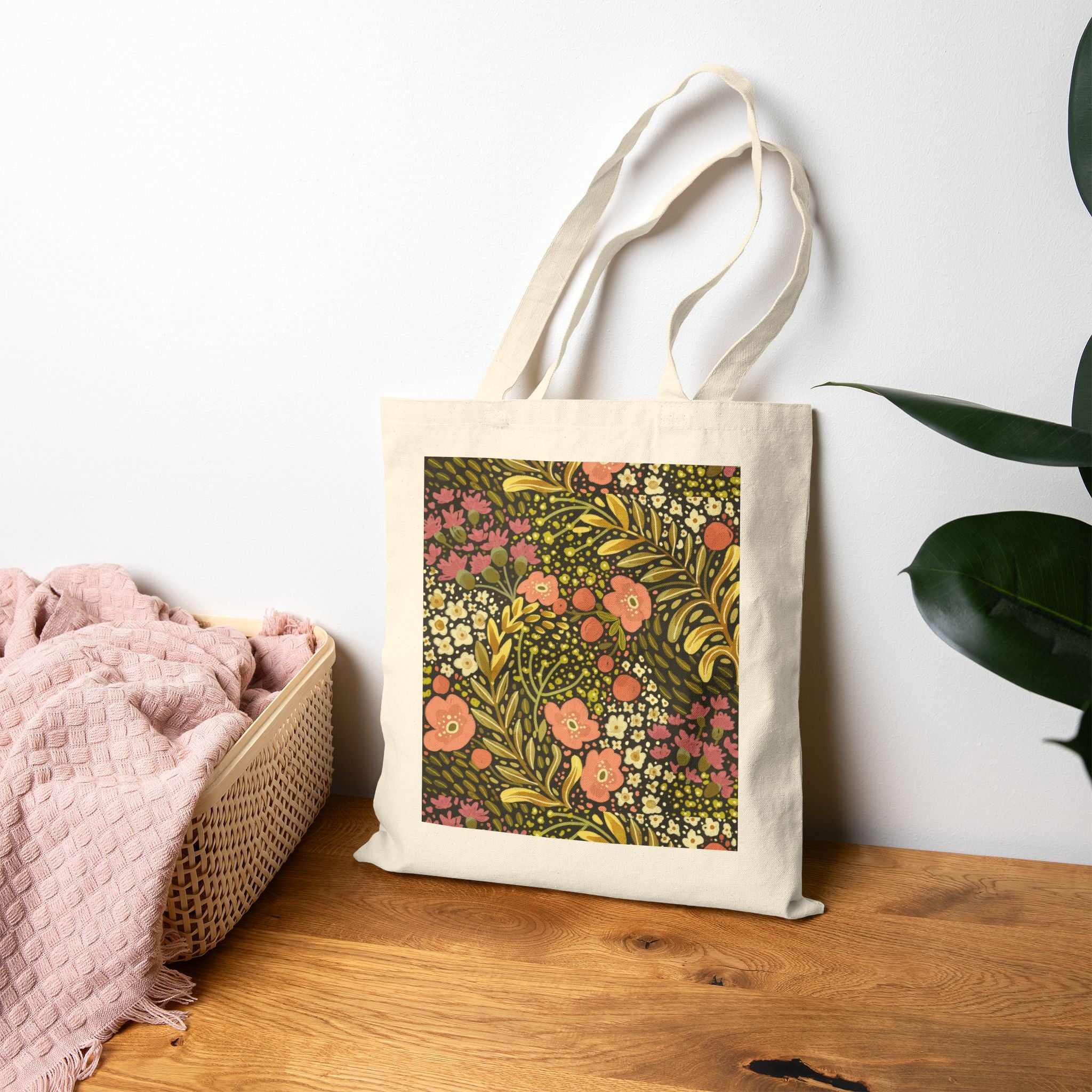 Floral Vintage Canvas Tote Bag — Retro Wildflower Pattern Eco Shopper