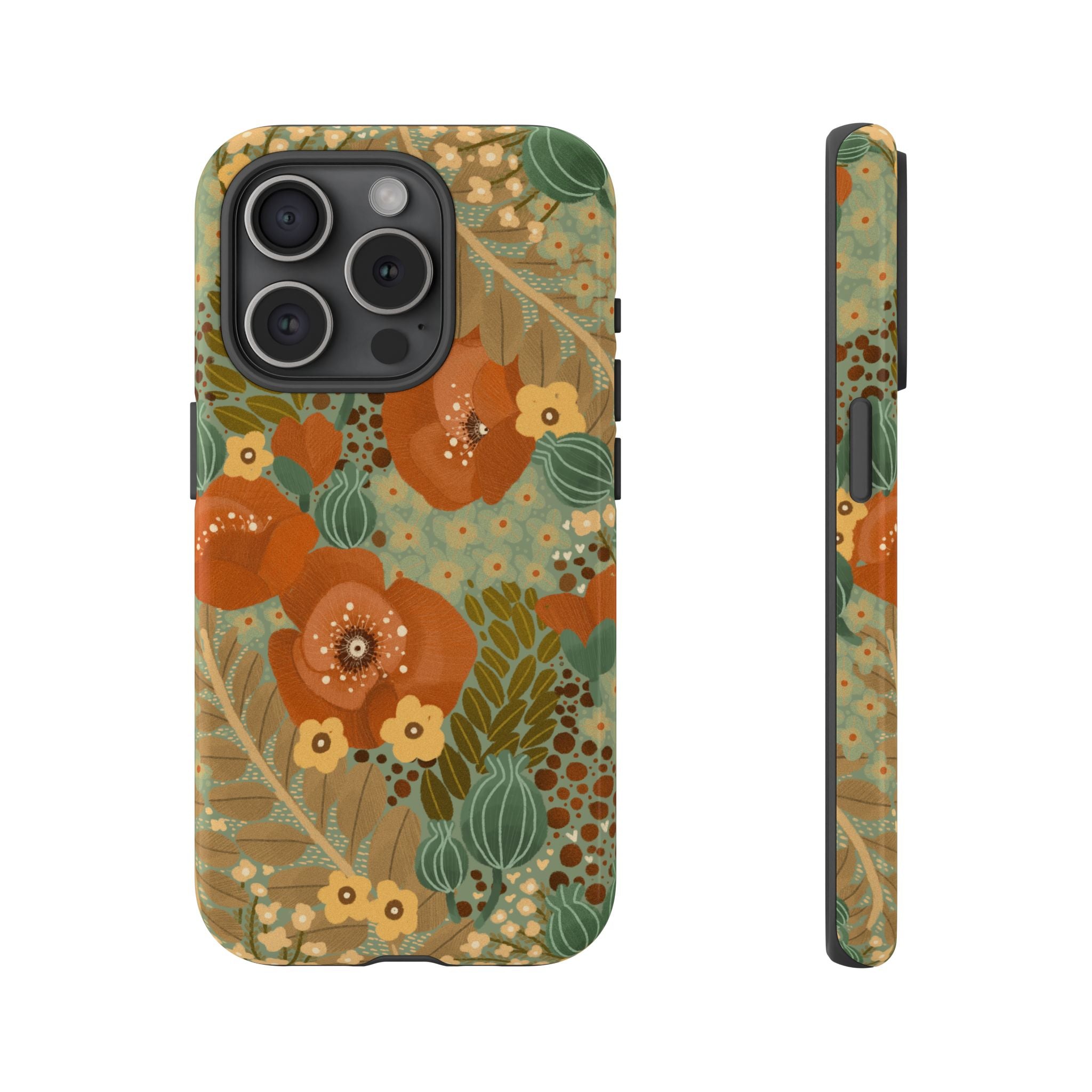 Floral Retro Tough Phone Case — Vintage Orange & Green Bloom Design