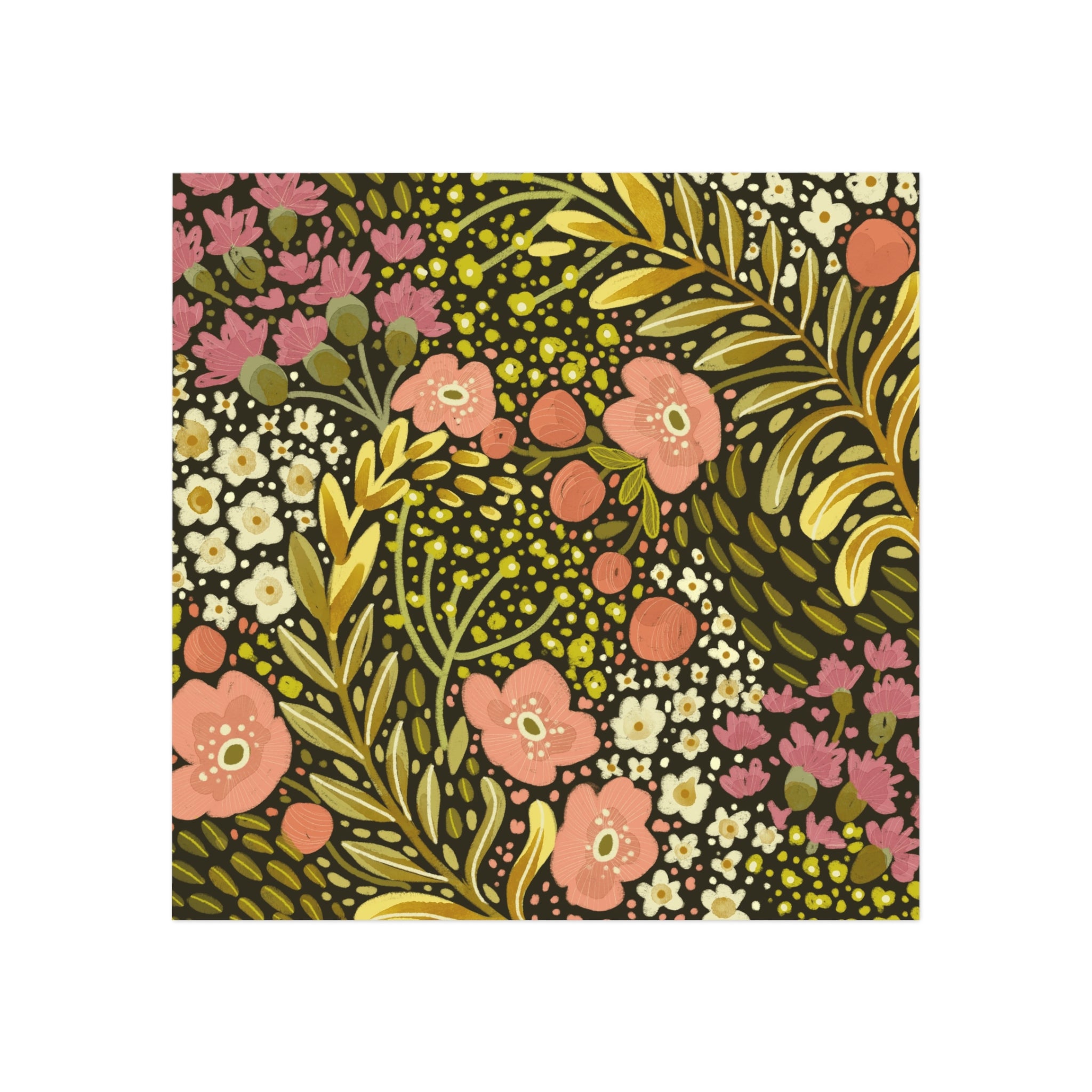 Floral Folk Art Square Magnet — Pink & Olive Botanical Refrigerator Magnet