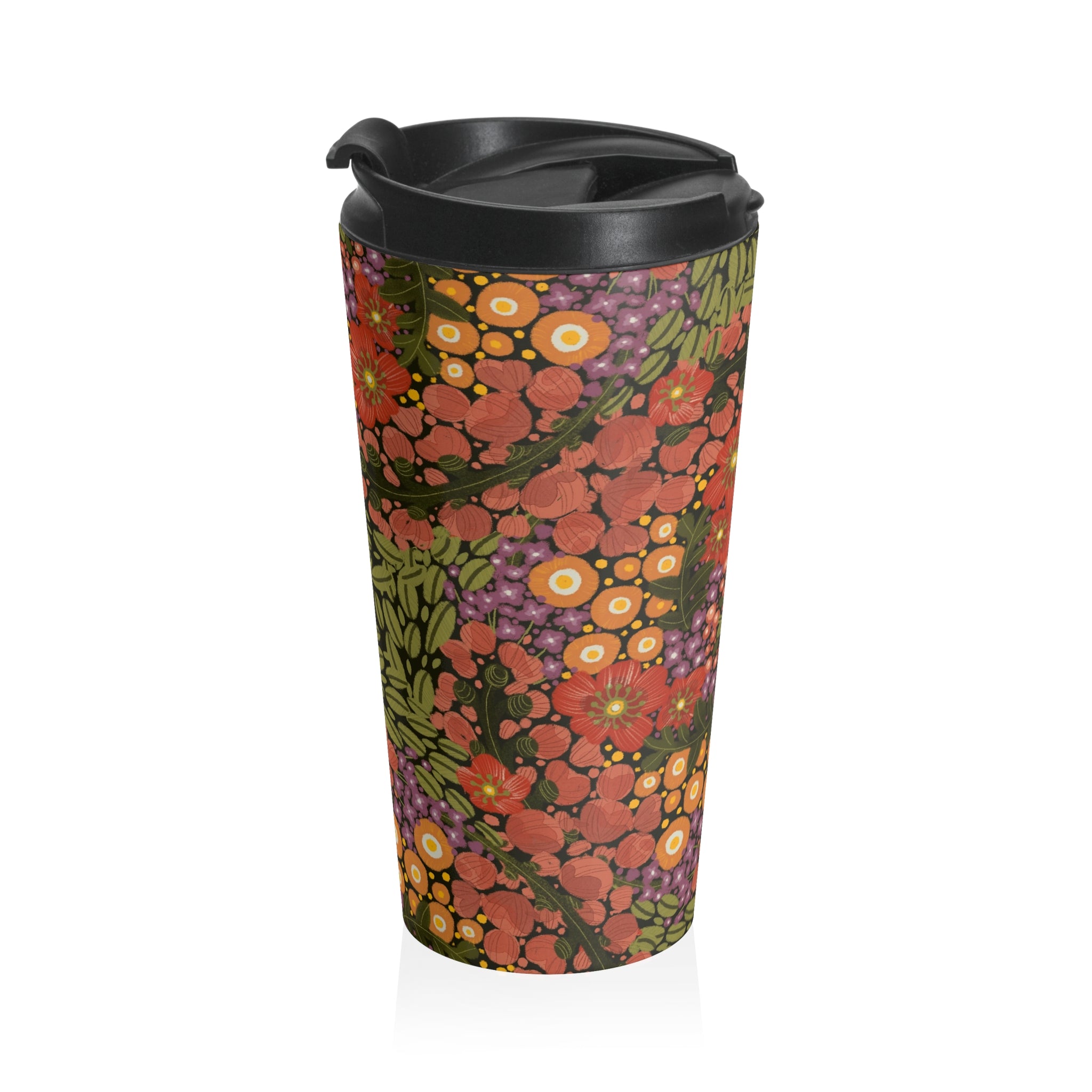 Vintage Floral Pattern Travel Mug | Retro Orange Red Flowers