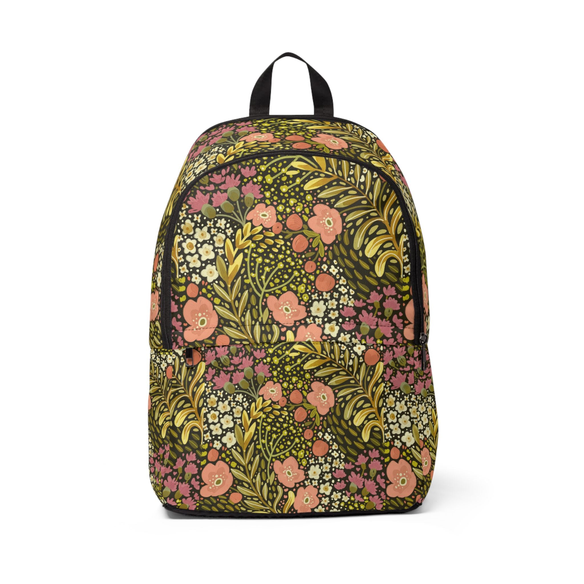 Floral Vintage Meadow Backpack — Olive Green & Coral Patterned Daypack