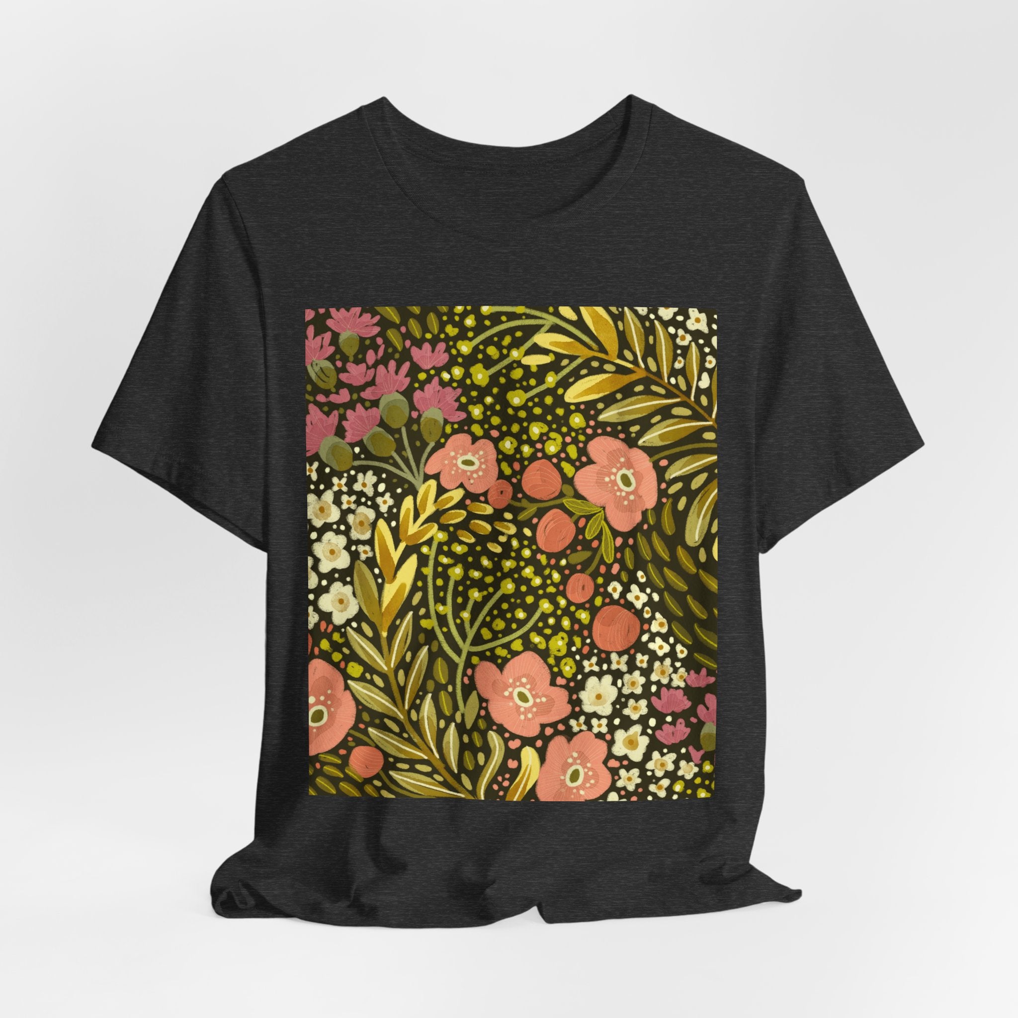 Floral Meadow Tee — Retro Pink & Olive Botanical Graphic T-Shirt